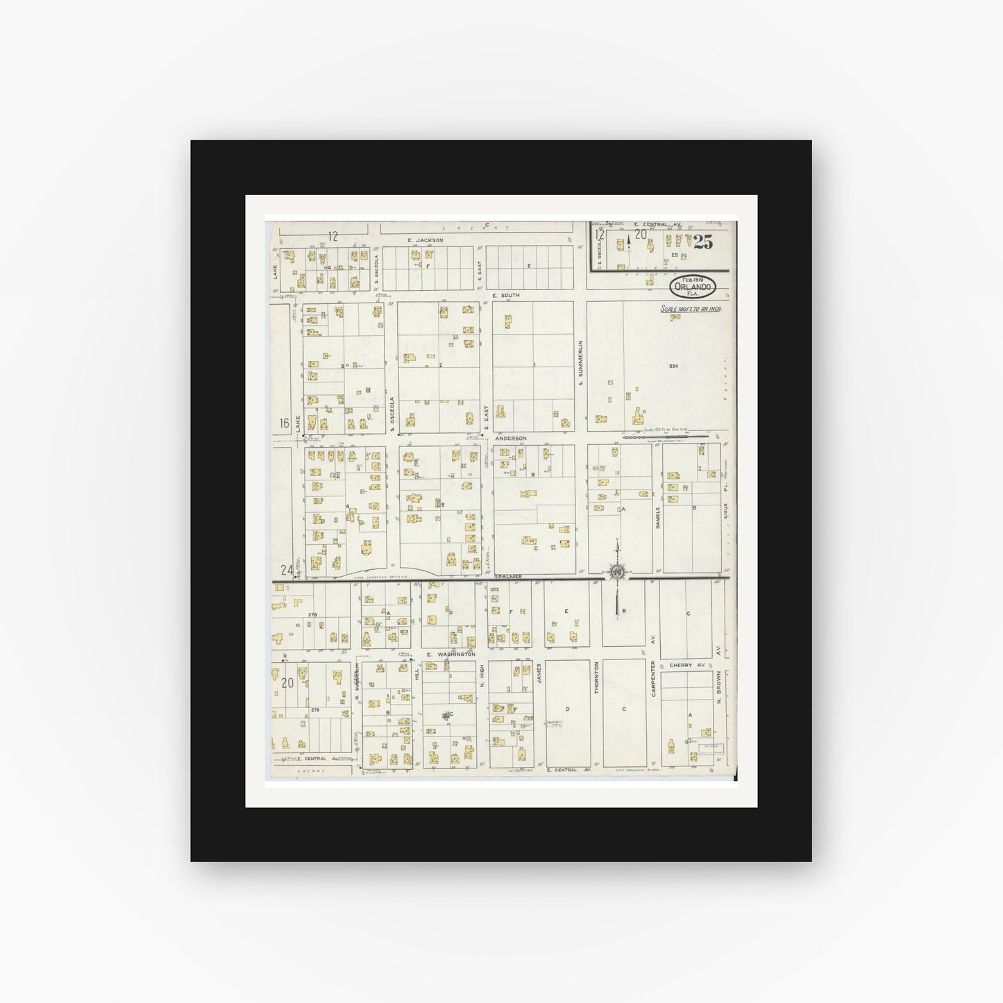 Old map wall art mockup — black gallery frame with white mat — Sanborn Fire Insurance Map from Orlando, Orange County, Florida (1919), Sheet #0025