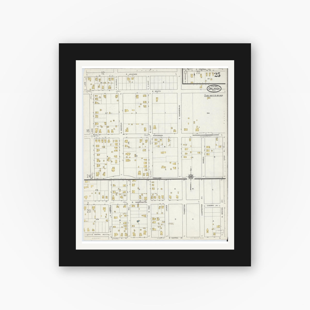 Old map wall art mockup — black gallery frame with white mat — Sanborn Fire Insurance Map from Orlando, Orange County, Florida (1919), Sheet #0025
