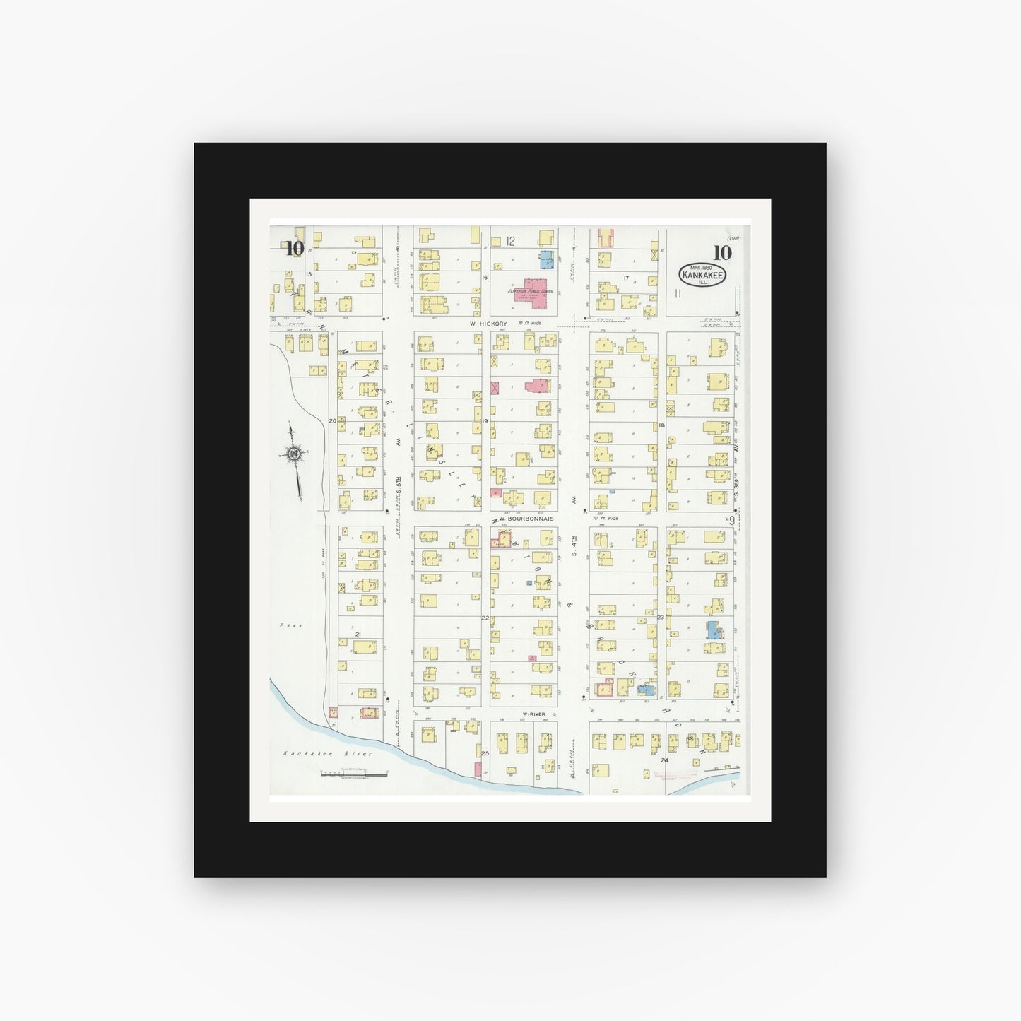 Old map wall art mockup — black gallery frame with white mat — Sanborn Fire Insurance Map from Kankakee, Kankakee County, Illinois (1930), Sheet #0010
