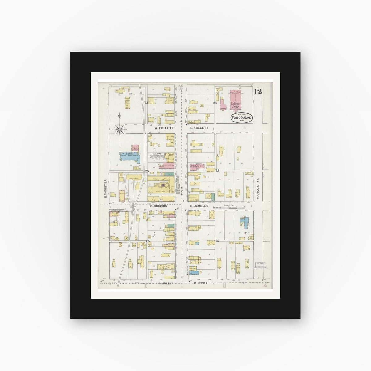 Old map wall art mockup — black gallery frame with white mat — Sanborn Fire Insurance Map from Fond du Lac, Fond du Lac County, Wisconsin (1892), Sheet #0012