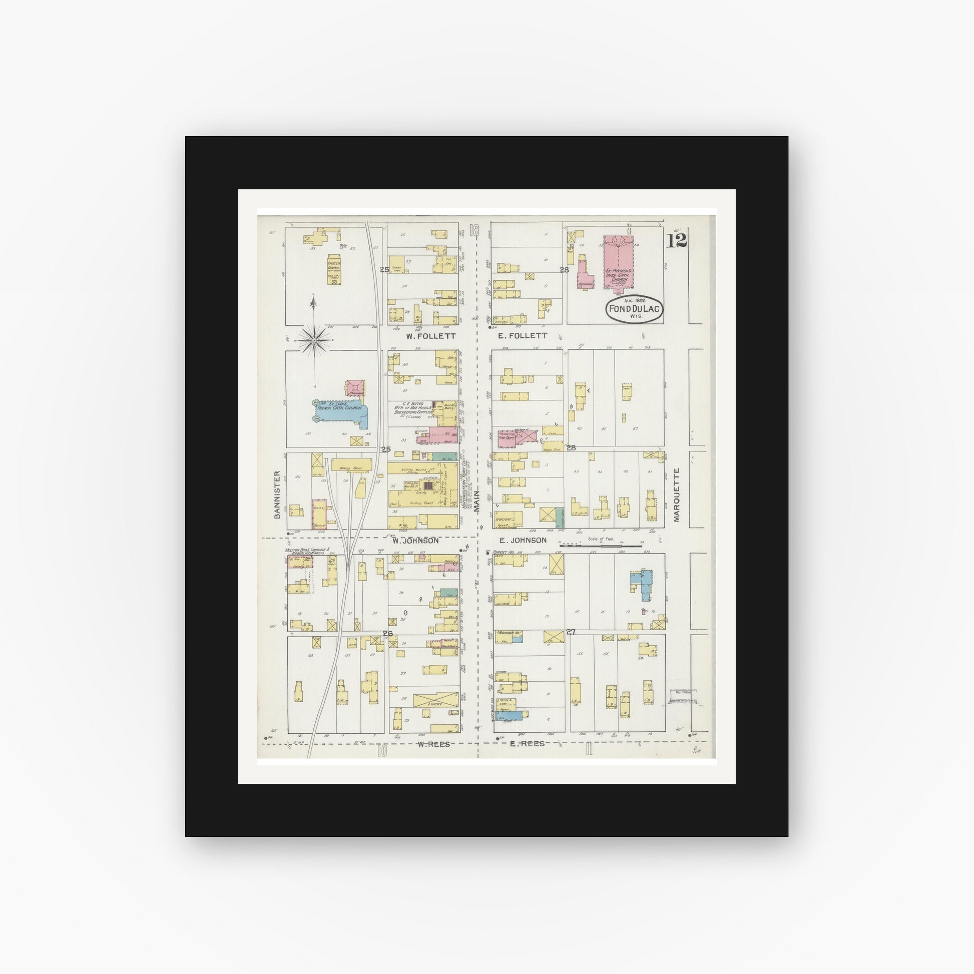 Old map wall art mockup — black gallery frame with white mat — Sanborn Fire Insurance Map from Fond du Lac, Fond du Lac County, Wisconsin (1892), Sheet #0012