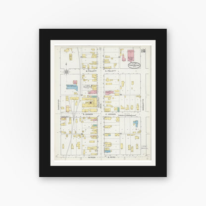 Old map wall art mockup — black gallery frame with white mat — Sanborn Fire Insurance Map from Fond du Lac, Fond du Lac County, Wisconsin (1892), Sheet #0012