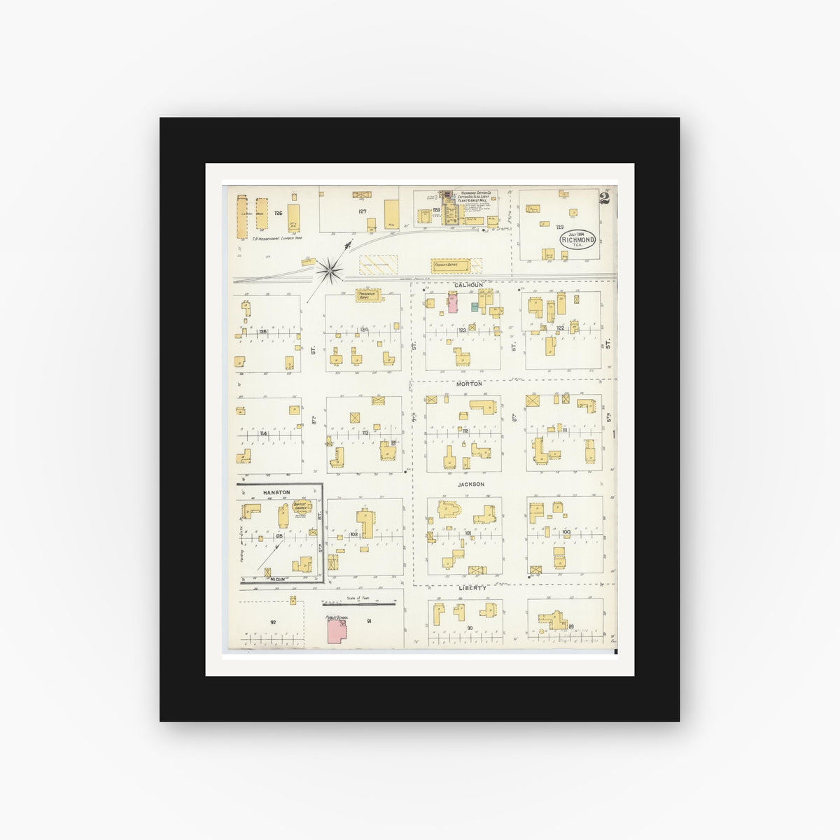 Old map wall art mockup — black gallery frame with white mat — Sanborn Fire Insurance Map from Richmond, Fort Bend County, Texas (1904), Sheet #0002