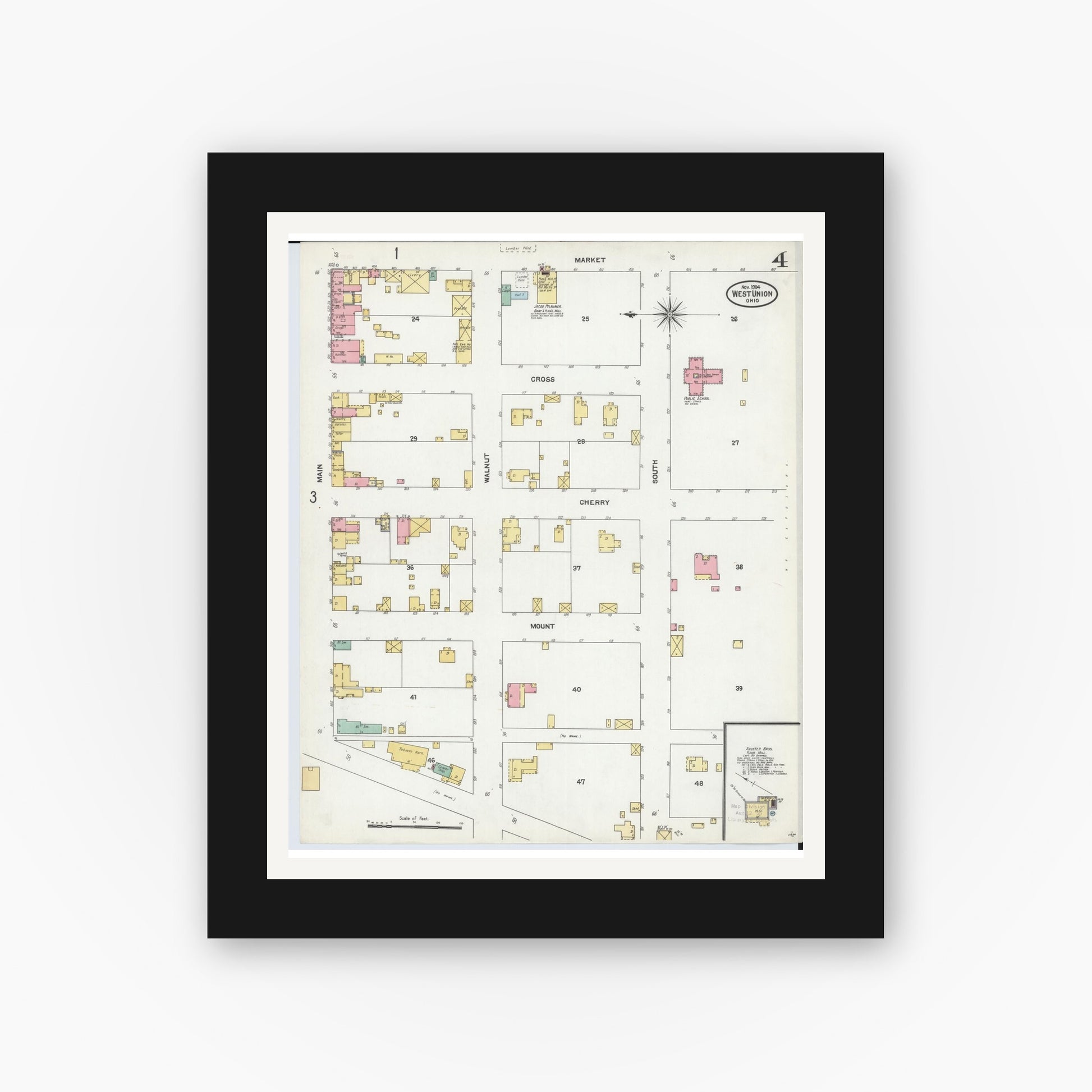 Old map wall art mockup — black gallery frame with white mat — Sanborn Fire Insurance Map from West Union, Adams County, Ohio (1904), Sheet #0004