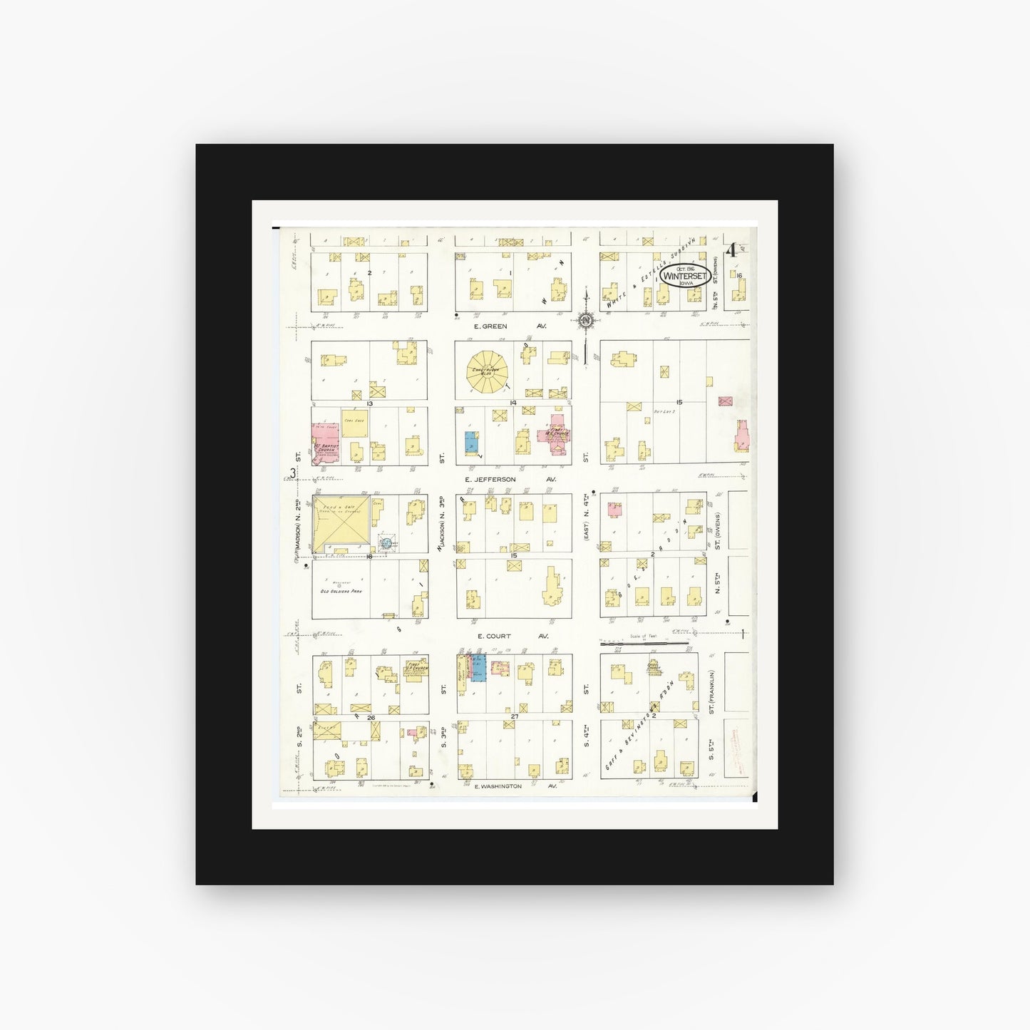 Old map wall art mockup — black gallery frame with white mat — Sanborn Fire Insurance Map from Winterset, Madison County, Iowa (1916), Sheet #0004