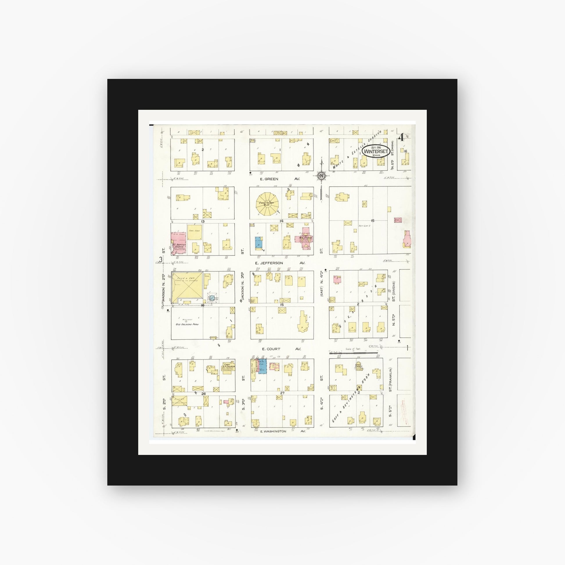 Old map wall art mockup — black gallery frame with white mat — Sanborn Fire Insurance Map from Winterset, Madison County, Iowa (1916), Sheet #0004