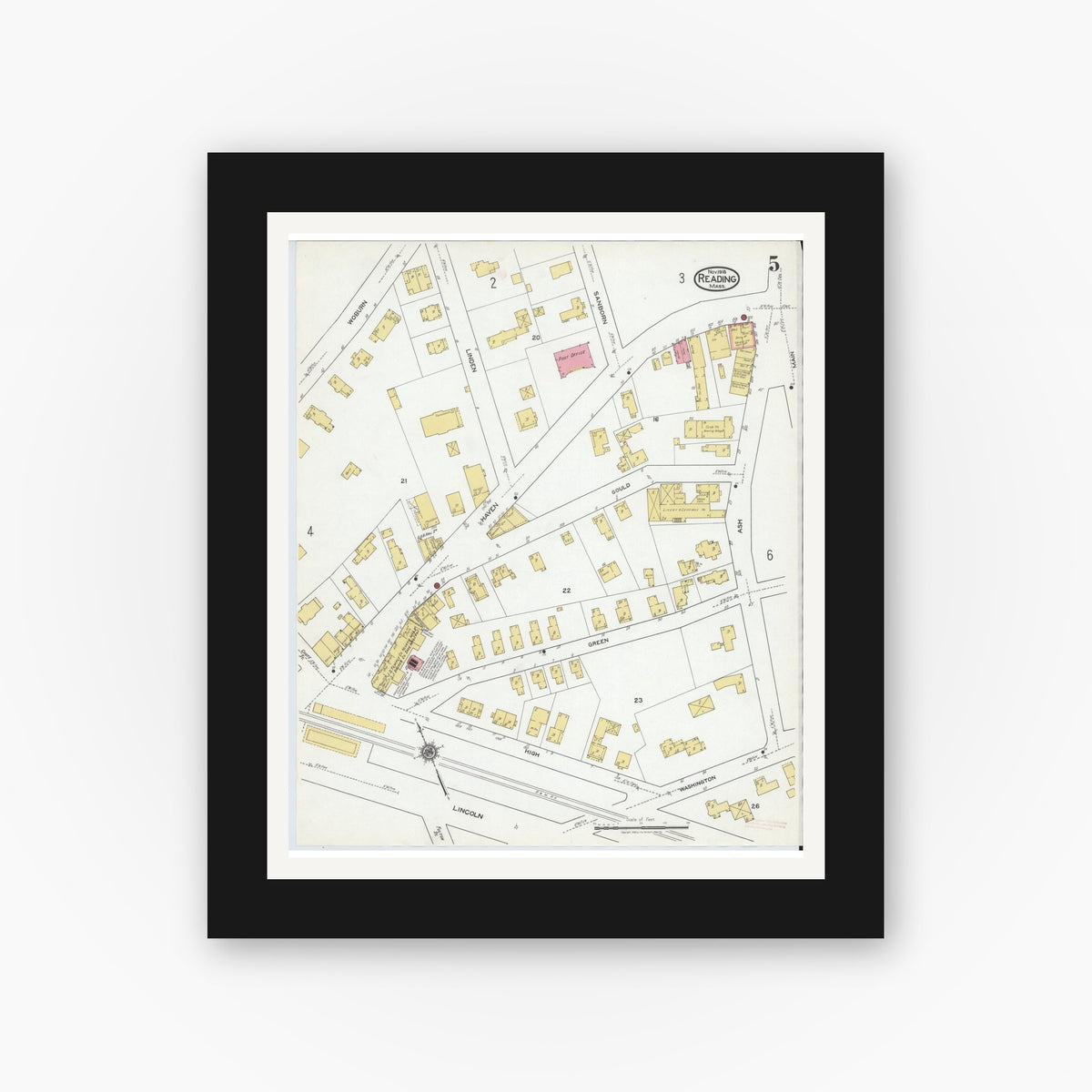 Old map wall art mockup — black gallery frame with white mat — Sanborn Fire Insurance Map from Reading, Middlesex County, Massachusetts (1918), Sheet #0005