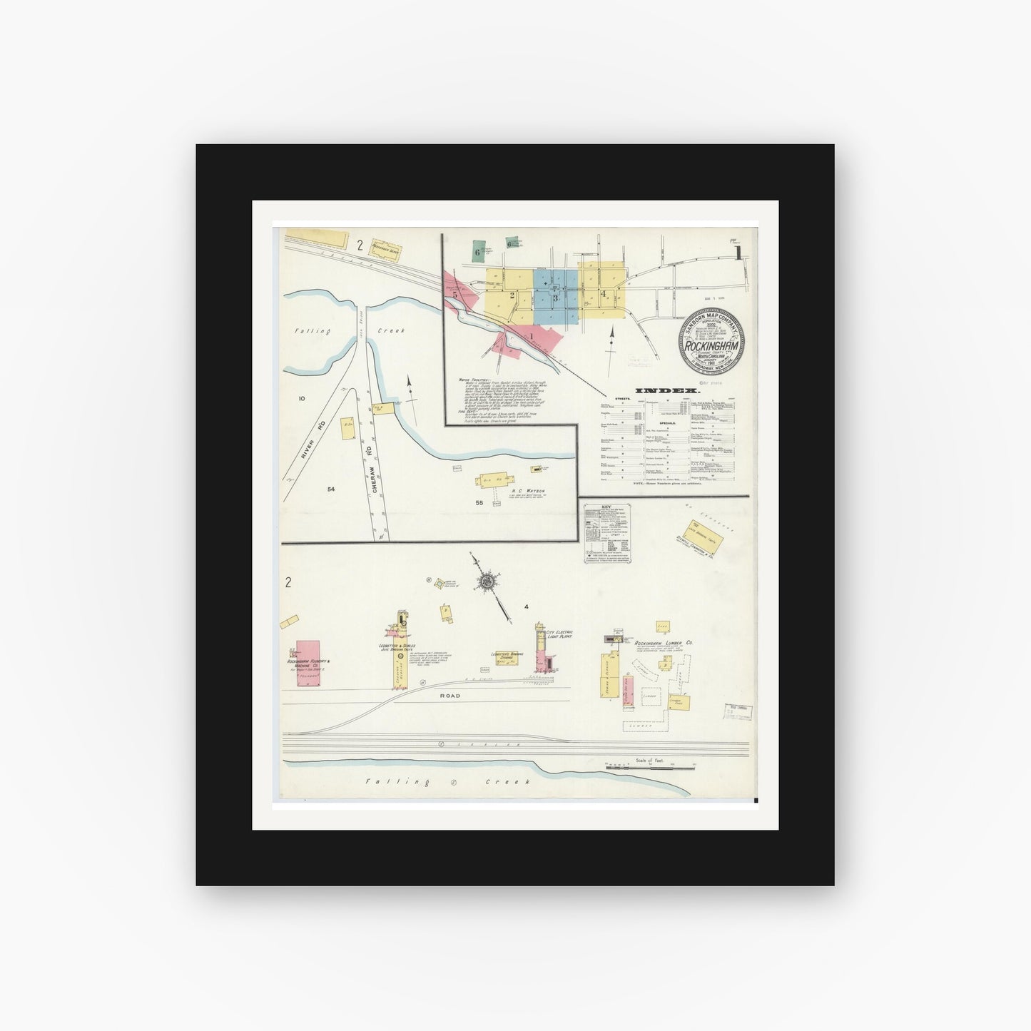 Old map wall art mockup — black gallery frame with white mat — Sanborn Fire Insurance Map from Rockingham, Richmond County, North Carolina (1911), Sheet #0001