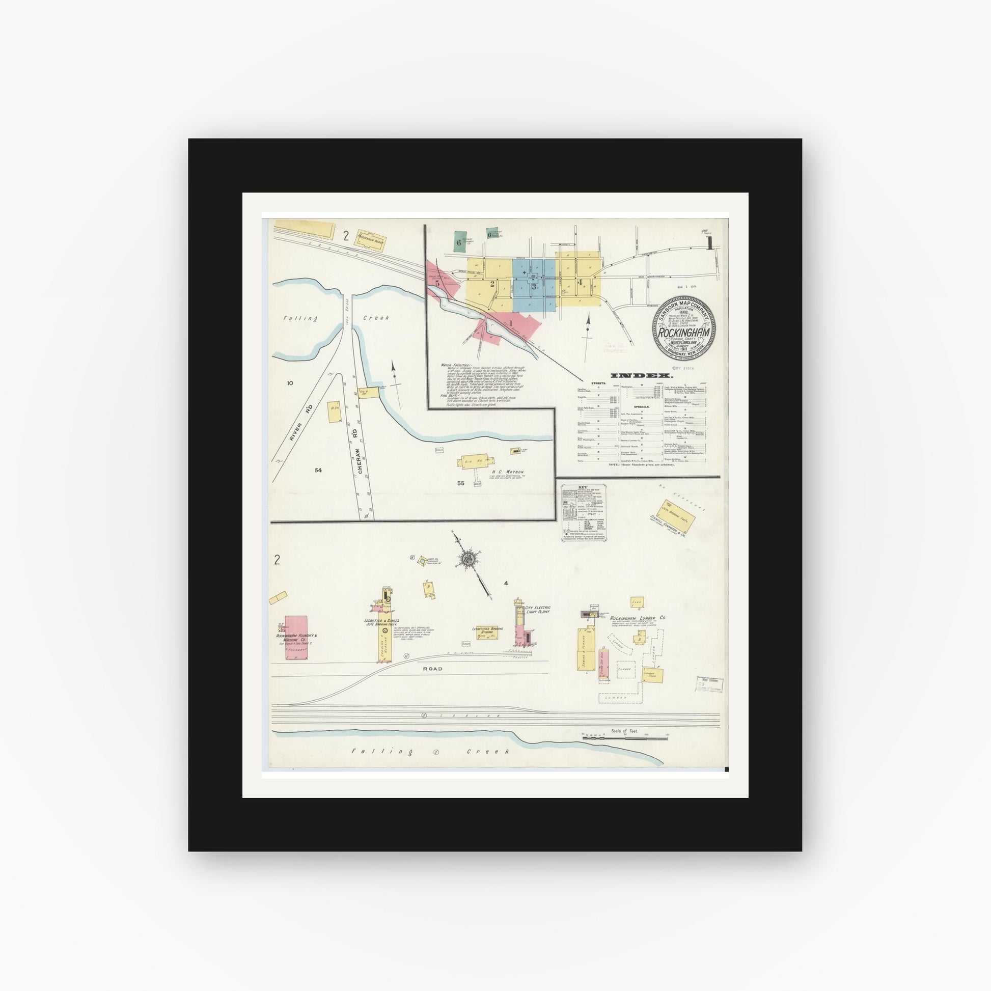 Old map wall art mockup — black gallery frame with white mat — Sanborn Fire Insurance Map from Rockingham, Richmond County, North Carolina (1911), Sheet #0001