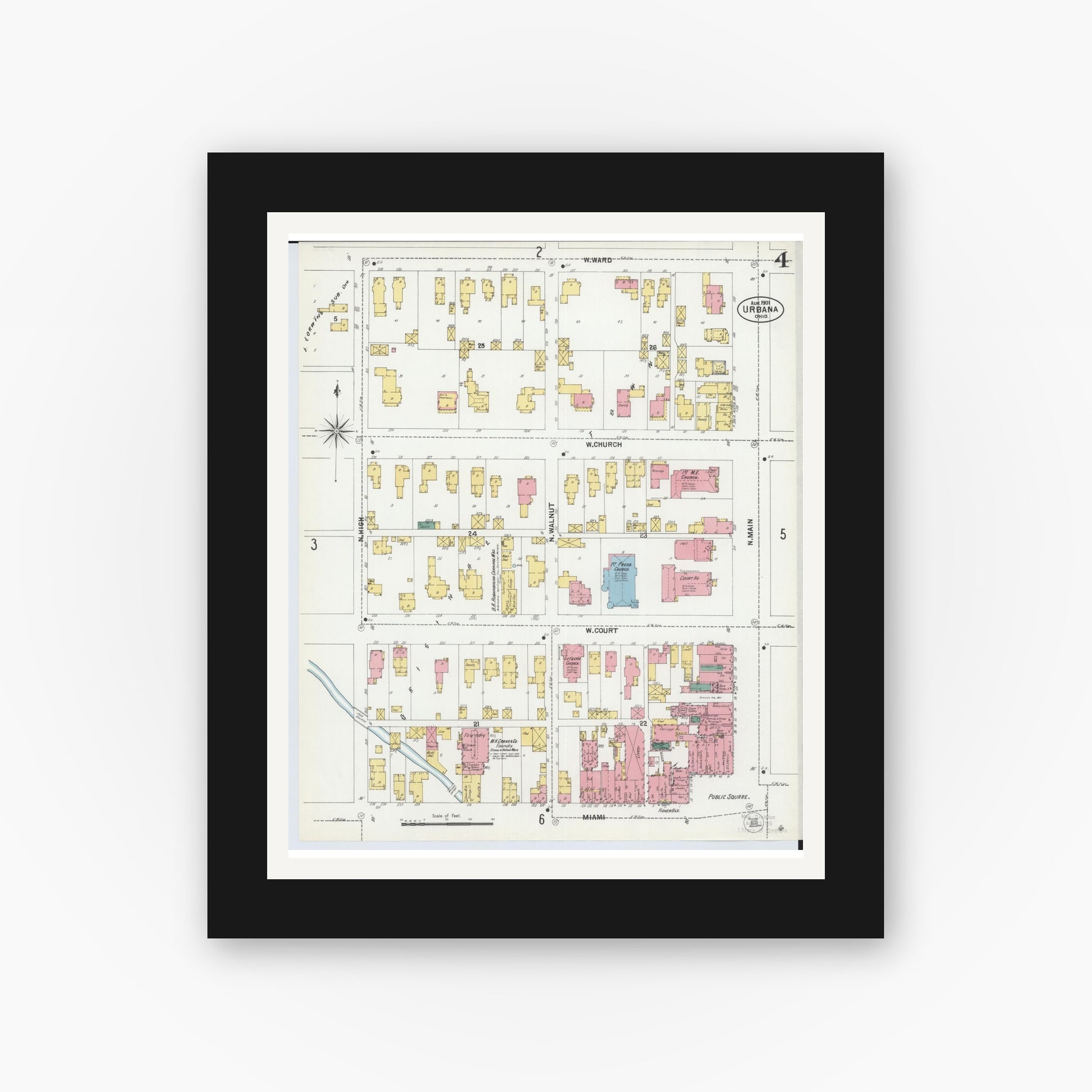 Old map wall art mockup — black gallery frame with white mat — Sanborn Fire Insurance Map from Urbana, Champaign County, Ohio (1901), Sheet #0004