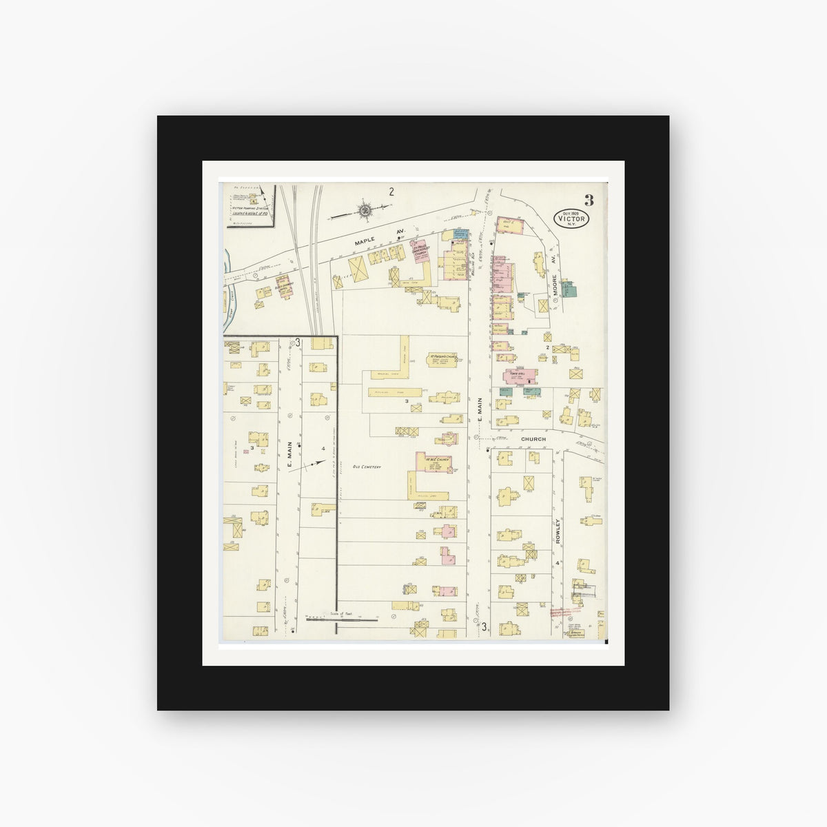 Old map wall art mockup — black gallery frame with white mat — Sanborn Fire Insurance Map from Victor, Ontario County, New York (1909), Sheet #0003