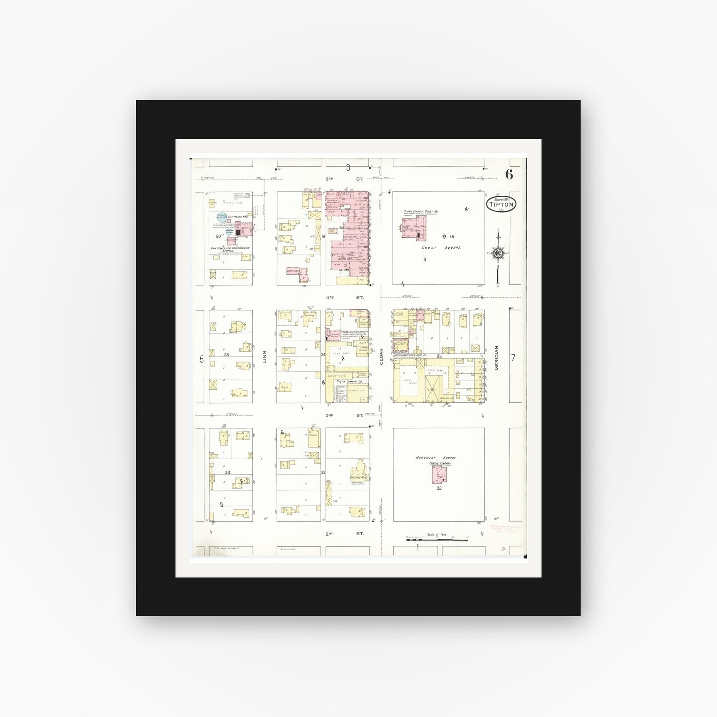 Old map wall art mockup — black gallery frame with white mat — Sanborn Fire Insurance Map from Tipton, Cedar County, Iowa (1914), Sheet #0006