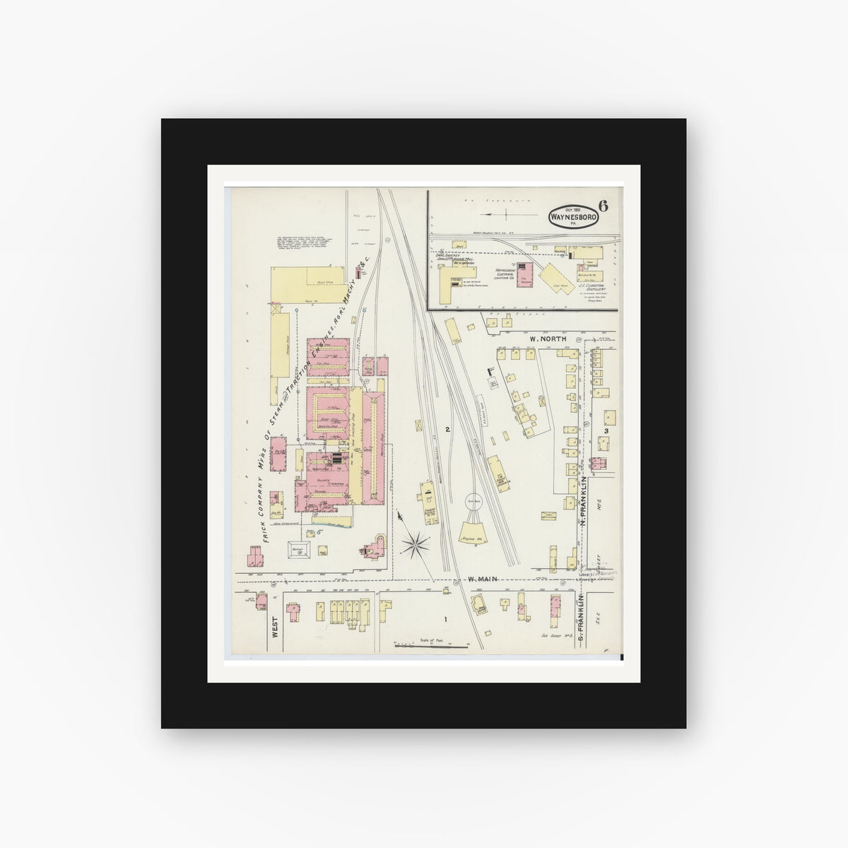 Old map wall art mockup — black gallery frame with white mat — Sanborn Fire Insurance Map from Waynesboro, Franklin County, Pennsylvania (1891), Sheet #0006