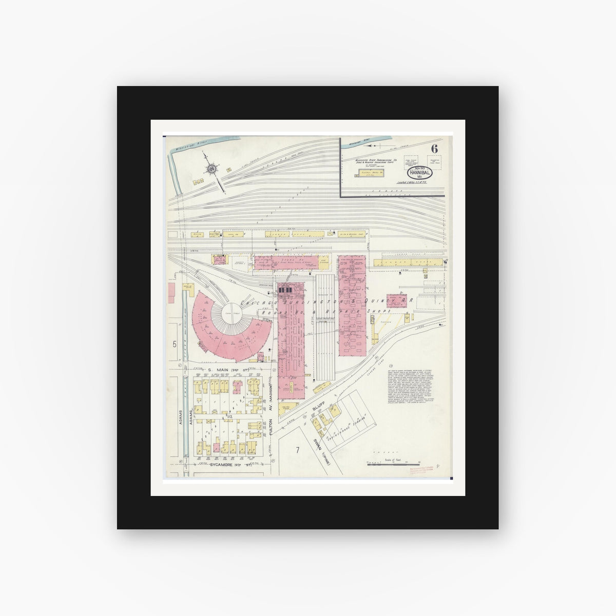 Old map wall art mockup — black gallery frame with white mat — Sanborn Fire Insurance Map from Hannibal, Marion County, Missouri (1913), Sheet #0006