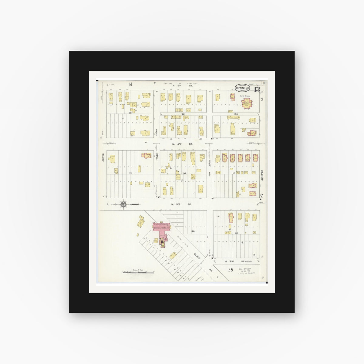 Old map wall art mockup — black gallery frame with white mat — Sanborn Fire Insurance Map from Brainerd, Crow Wing County, Minnesota (1913), Sheet #0013
