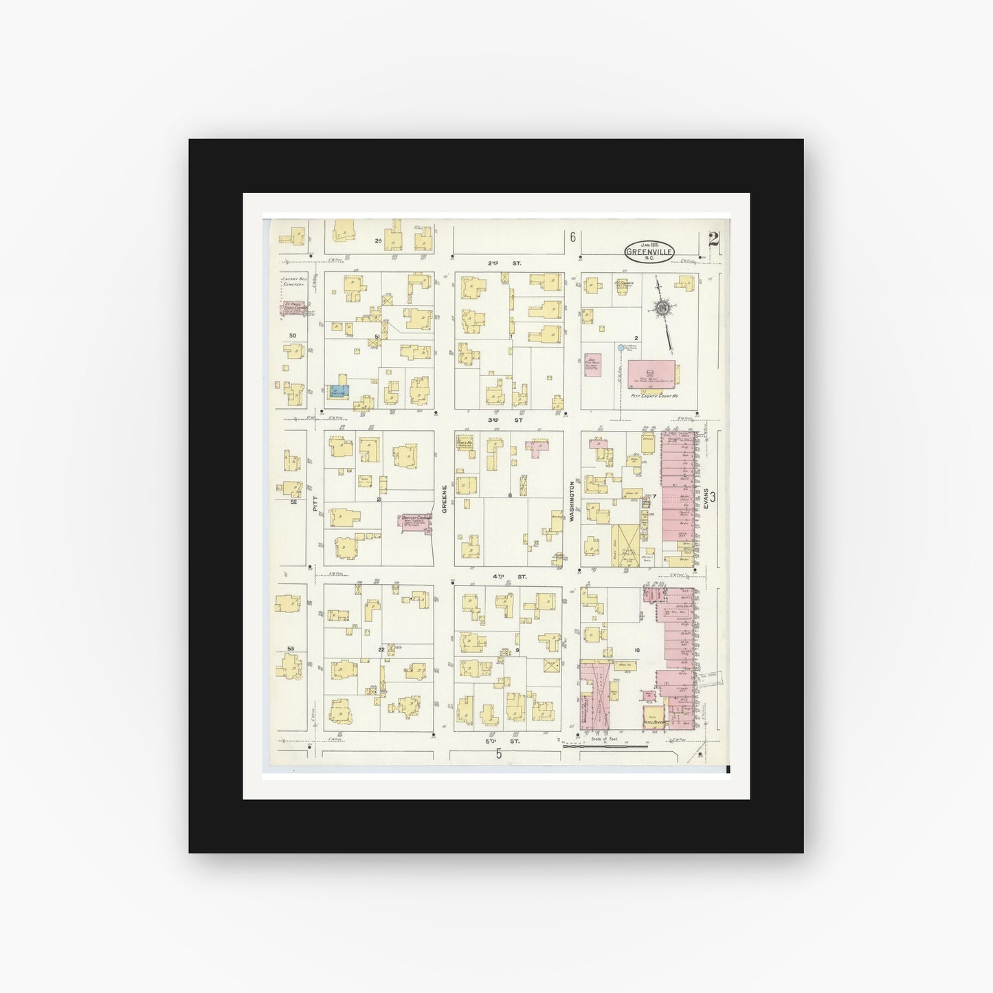 Old map wall art mockup — black gallery frame with white mat — Sanborn Fire Insurance Map from Greenville, Pitt County, North Carolina (1911), Sheet #0002