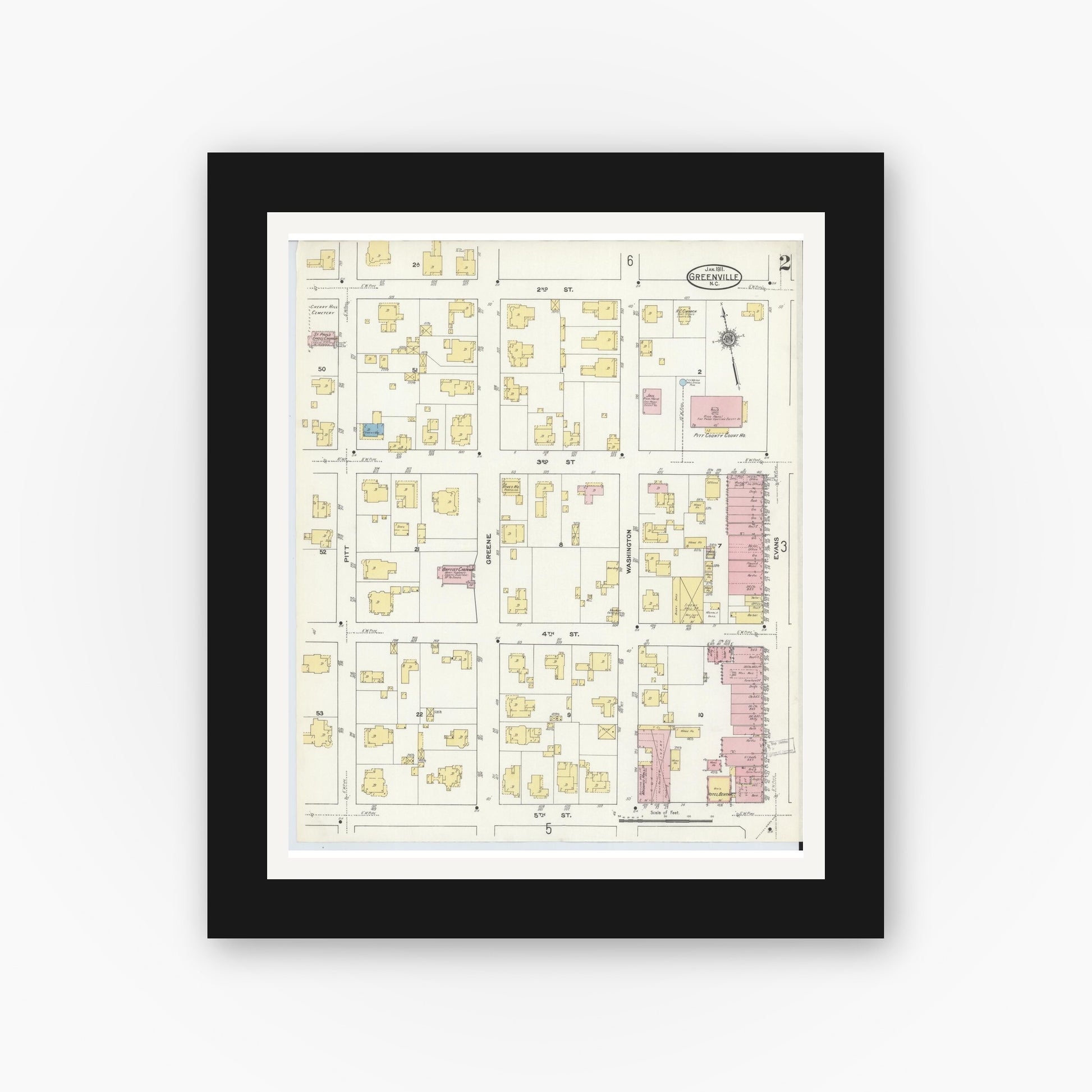 Old map wall art mockup — black gallery frame with white mat — Sanborn Fire Insurance Map from Greenville, Pitt County, North Carolina (1911), Sheet #0002