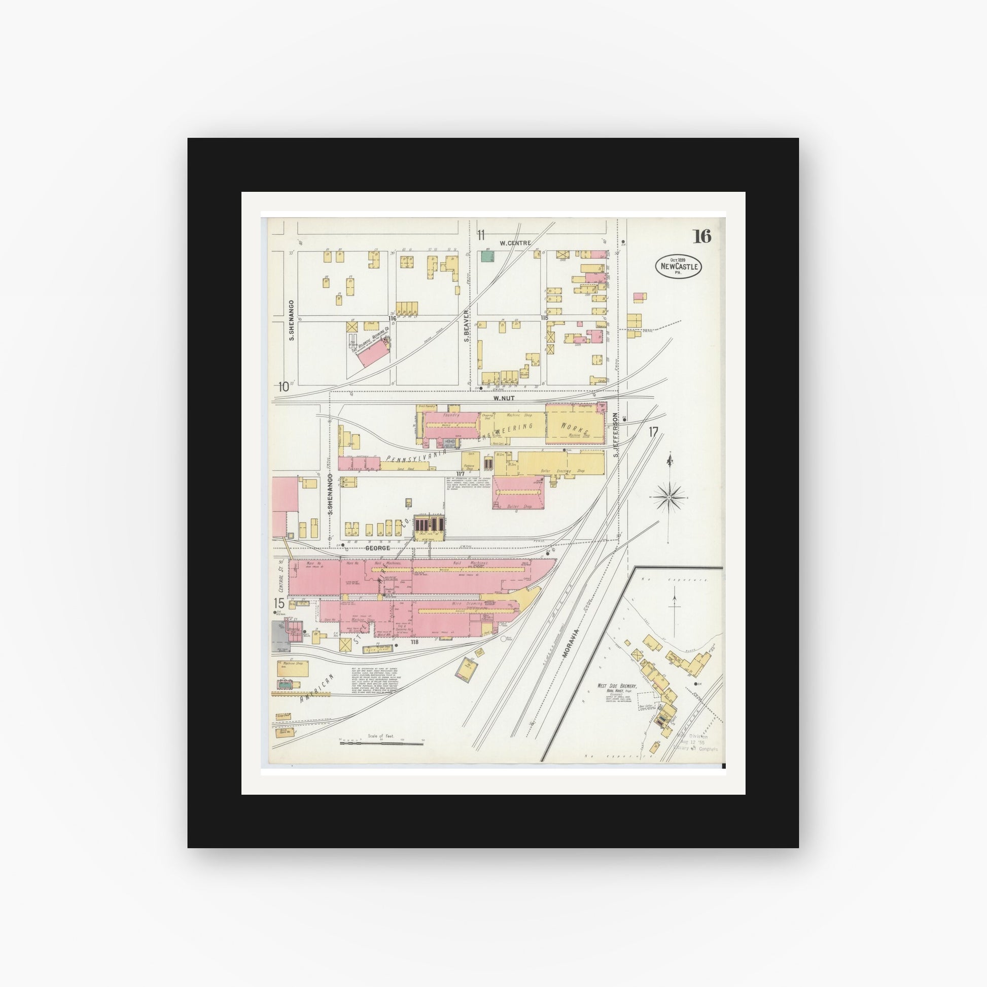 Old map wall art mockup — black gallery frame with white mat — Sanborn Fire Insurance Map from New Castle, Lawrence County, Pennsylvania (1899), Sheet #0016