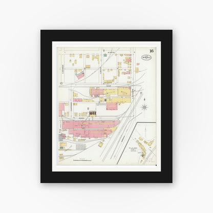 Old map wall art mockup — black gallery frame with white mat — Sanborn Fire Insurance Map from New Castle, Lawrence County, Pennsylvania (1899), Sheet #0016