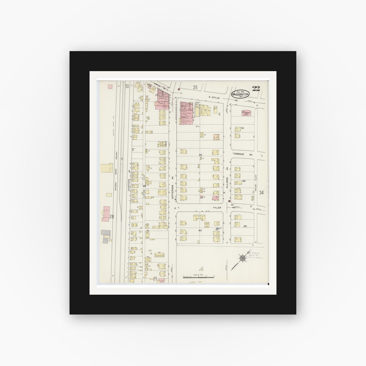Old map wall art mockup — black gallery frame with white mat — Sanborn Fire Insurance Map from Washington, Washington County, Pennsylvania (1914), Sheet #0022