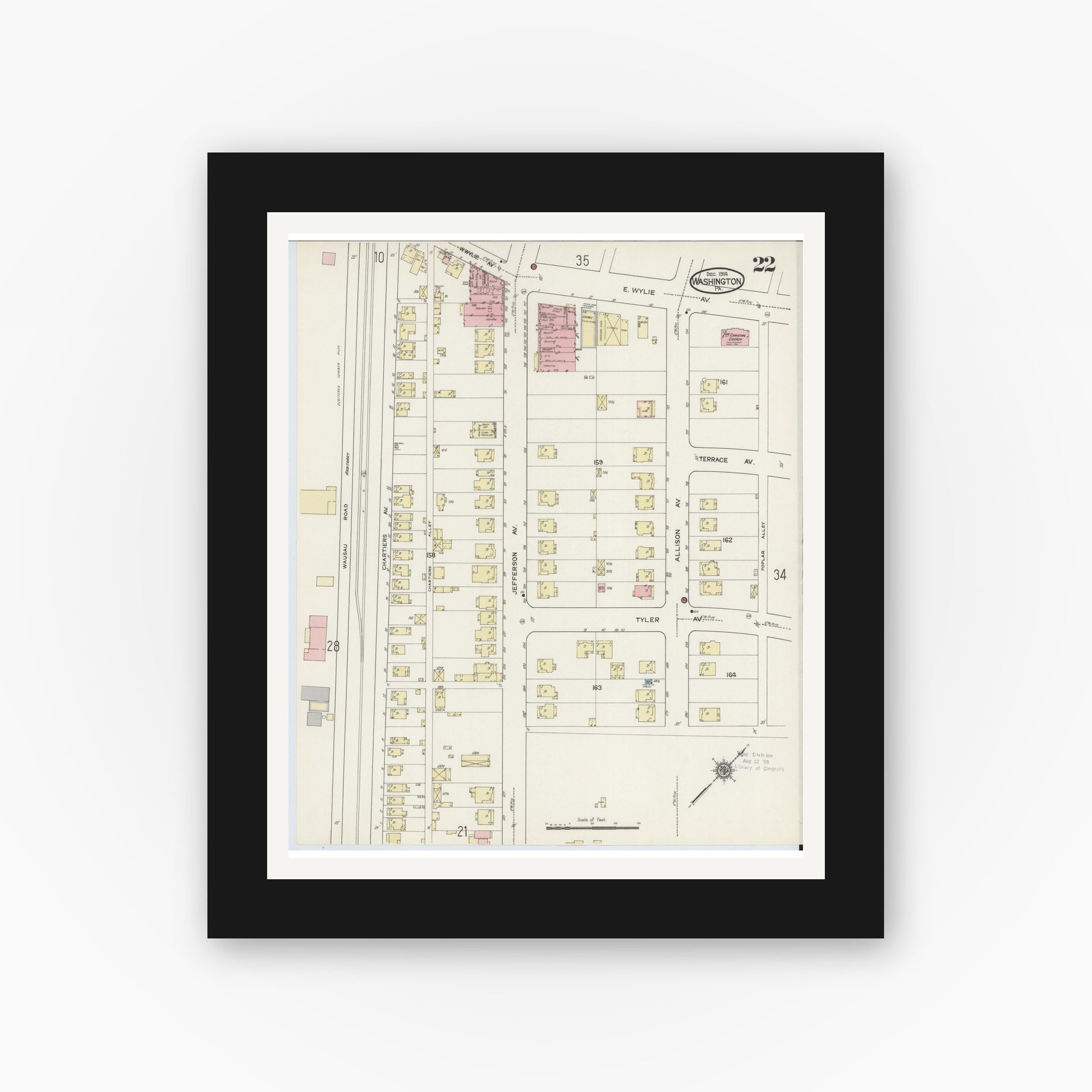 Old map wall art mockup — black gallery frame with white mat — Sanborn Fire Insurance Map from Washington, Washington County, Pennsylvania (1914), Sheet #0022