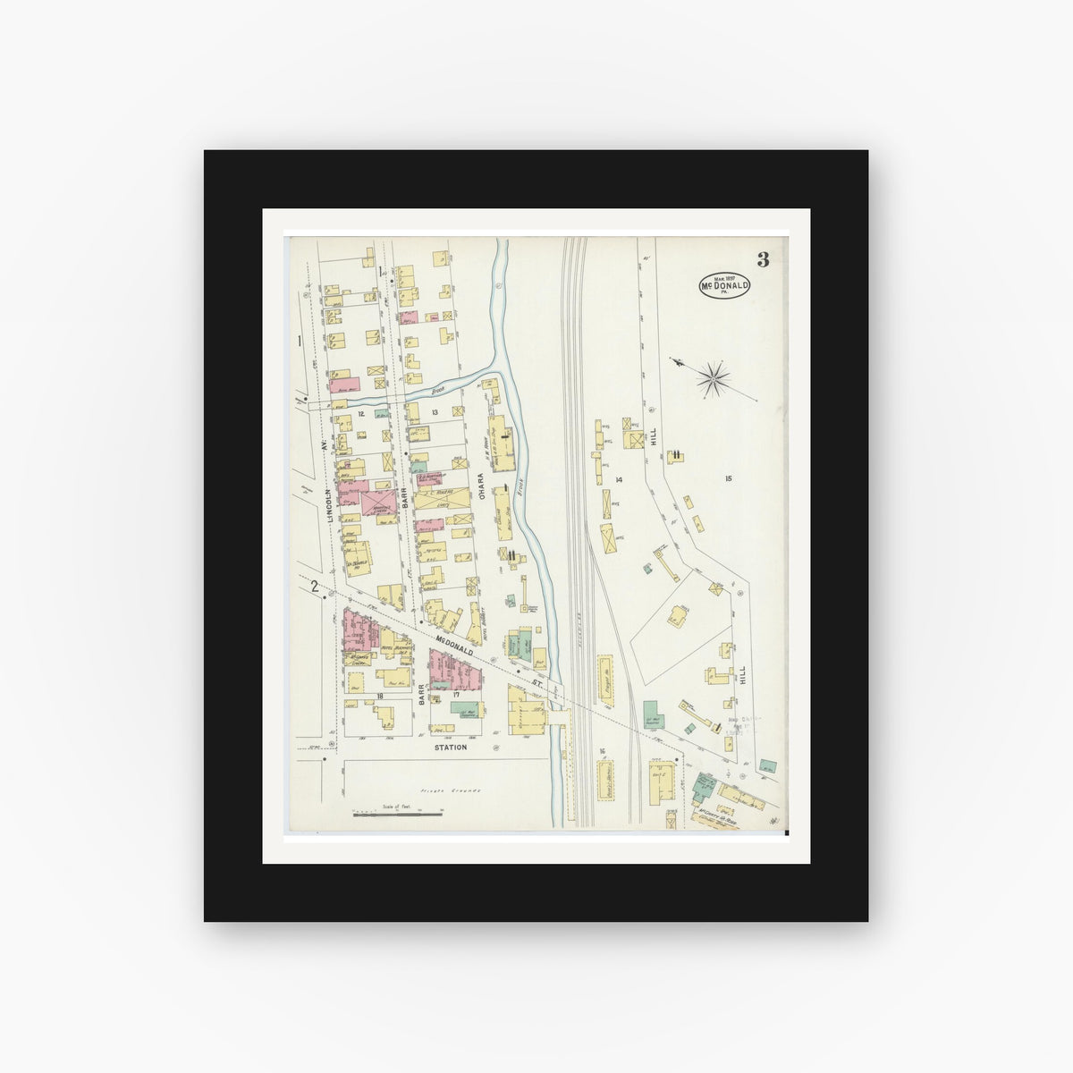 Old map wall art mockup — black gallery frame with white mat — Sanborn Fire Insurance Map from McDonald, Washington County, Pennsylvania (1897), Sheet #0003