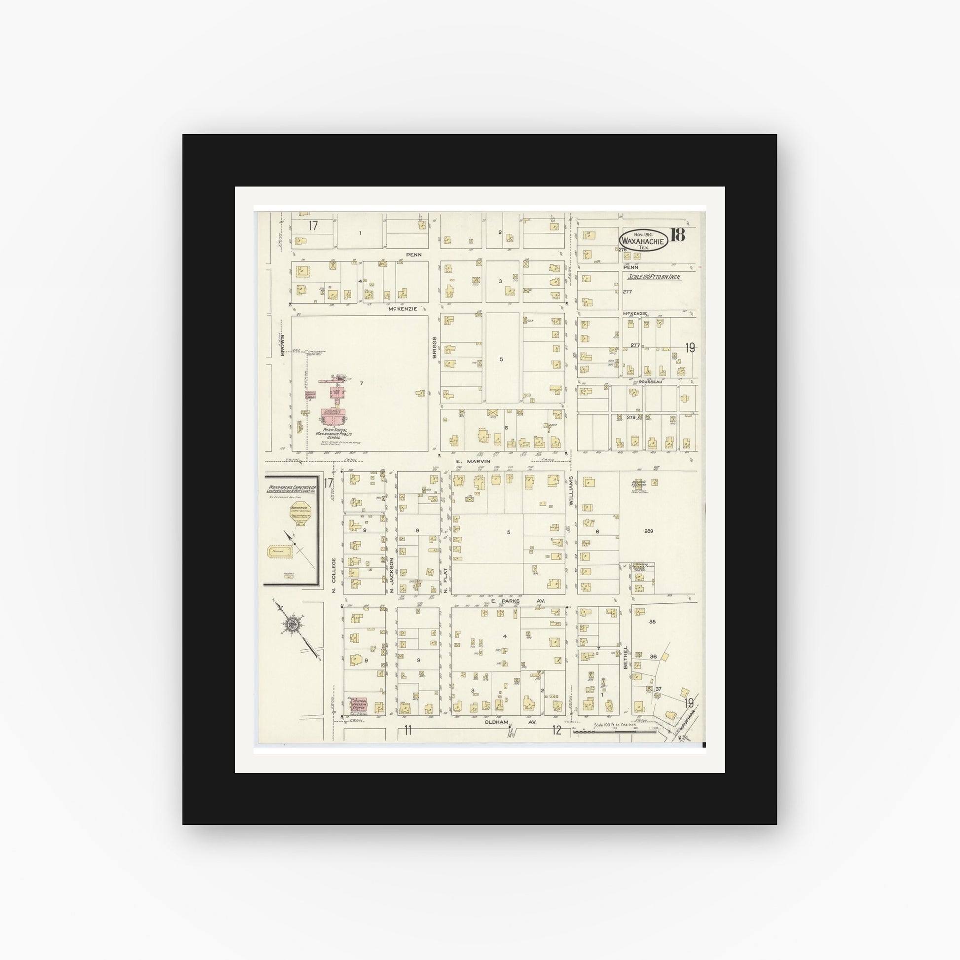 Old map wall art mockup — black gallery frame with white mat — Sanborn Fire Insurance Map from Waxahachie, Ellis County, Texas (1914), Sheet #0018