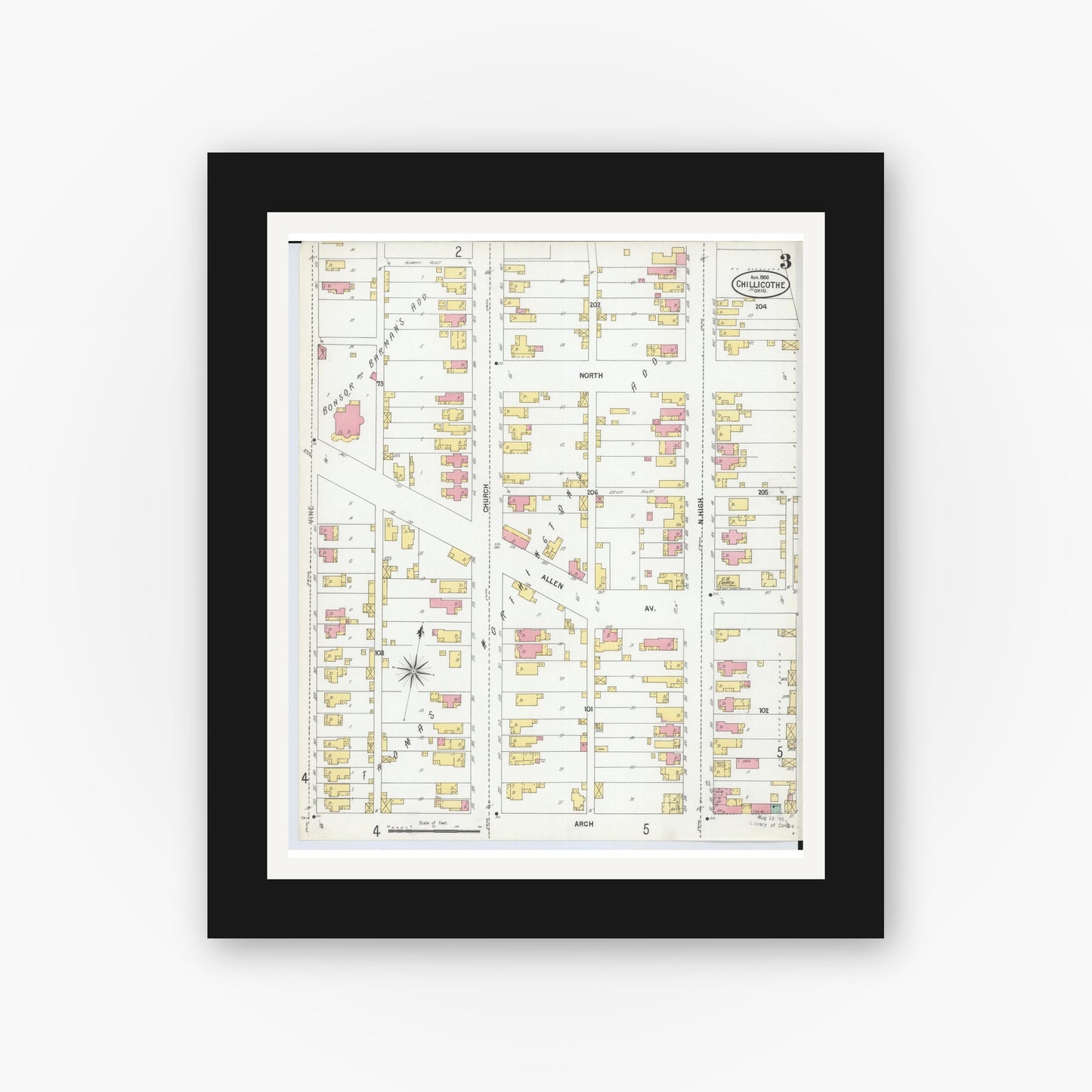 Old map wall art mockup — black gallery frame with white mat — Sanborn Fire Insurance Map from Chillicothe, Ross County, Ohio (1900), Sheet #0003