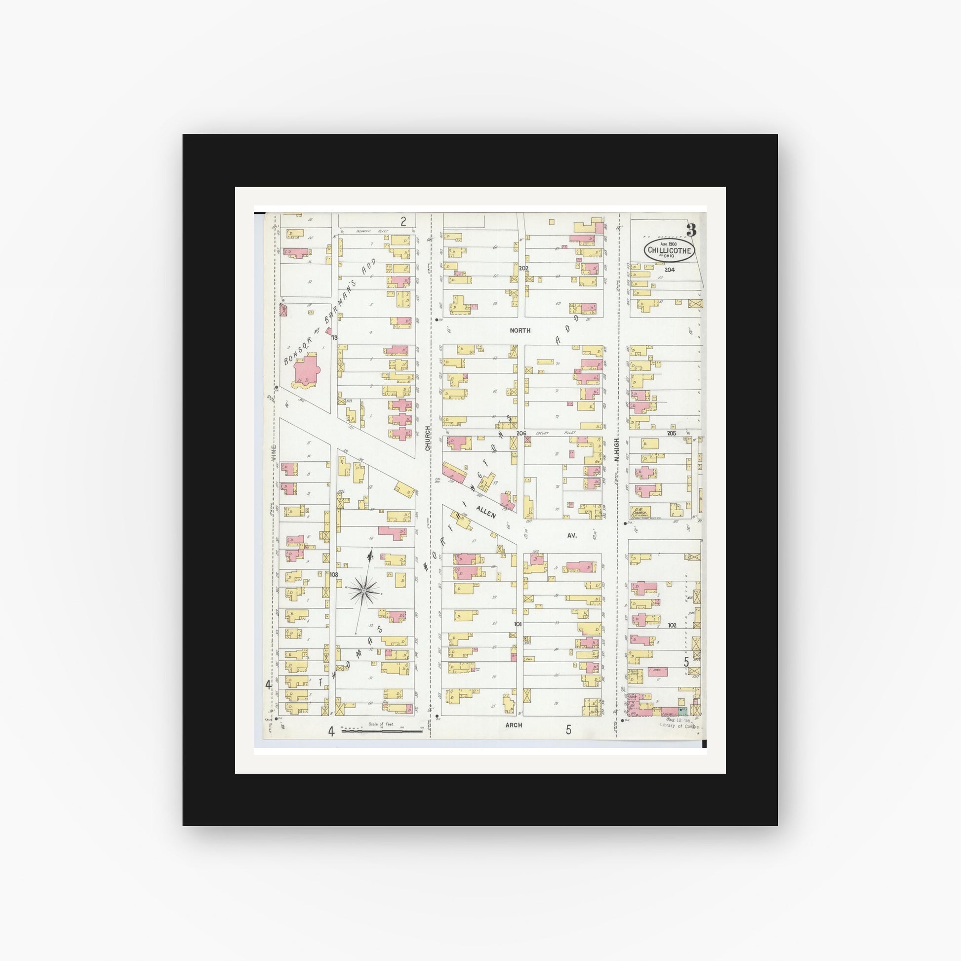 Old map wall art mockup — black gallery frame with white mat — Sanborn Fire Insurance Map from Chillicothe, Ross County, Ohio (1900), Sheet #0003
