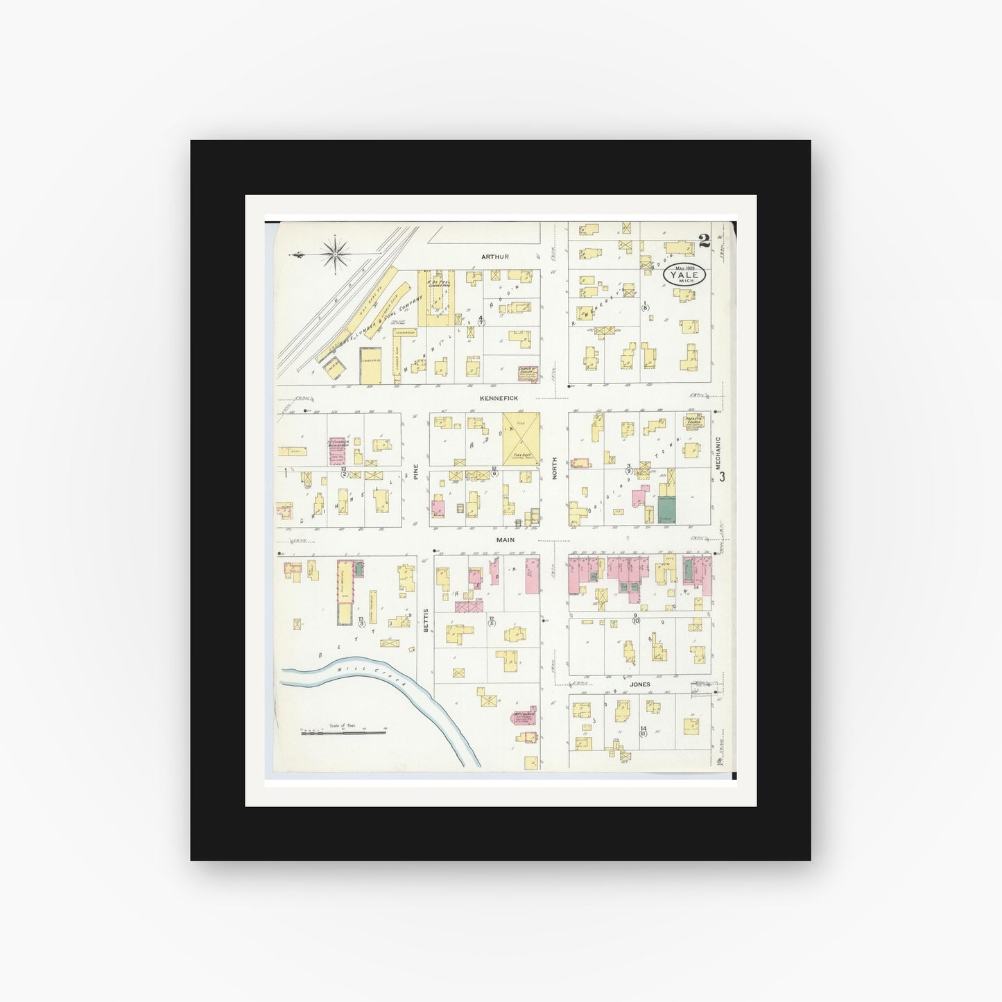 Old map wall art mockup — black gallery frame with white mat — Sanborn Fire Insurance Map from Yale, Saint Clair County, Michigan (1909), Sheet #0002