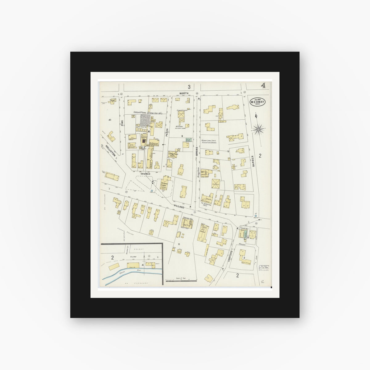 Old map wall art mockup — black gallery frame with white mat — Sanborn Fire Insurance Map from Medway, Norfolk County, Massachusetts (1897), Sheet #0004