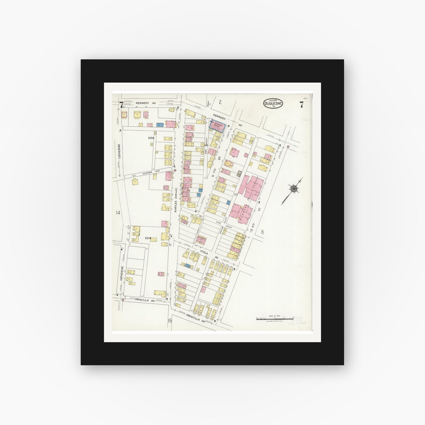 Old map wall art mockup — black gallery frame with white mat — Sanborn Fire Insurance Map from Duquesne, Allegheny County, Pennsylvania (1925), Sheet #0007