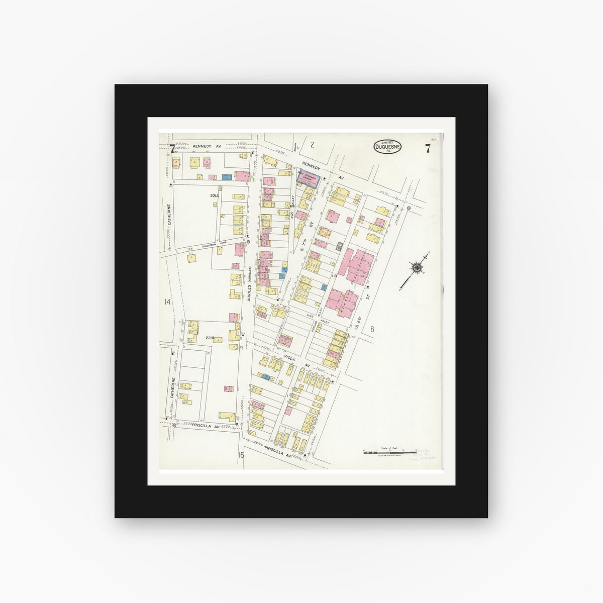 Old map wall art mockup — black gallery frame with white mat — Sanborn Fire Insurance Map from Duquesne, Allegheny County, Pennsylvania (1925), Sheet #0007