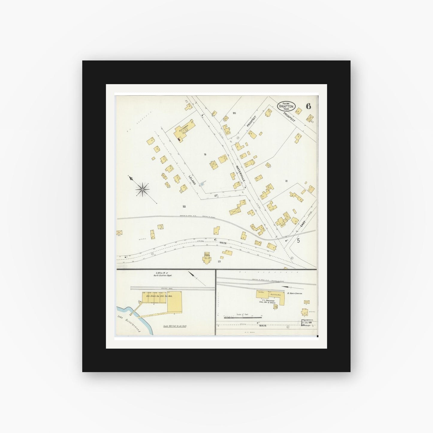 Old map wall art mockup — black gallery frame with white mat — Sanborn Fire Insurance Map from Grafton, Worcester County, Massachusetts (1904), Sheet #0006