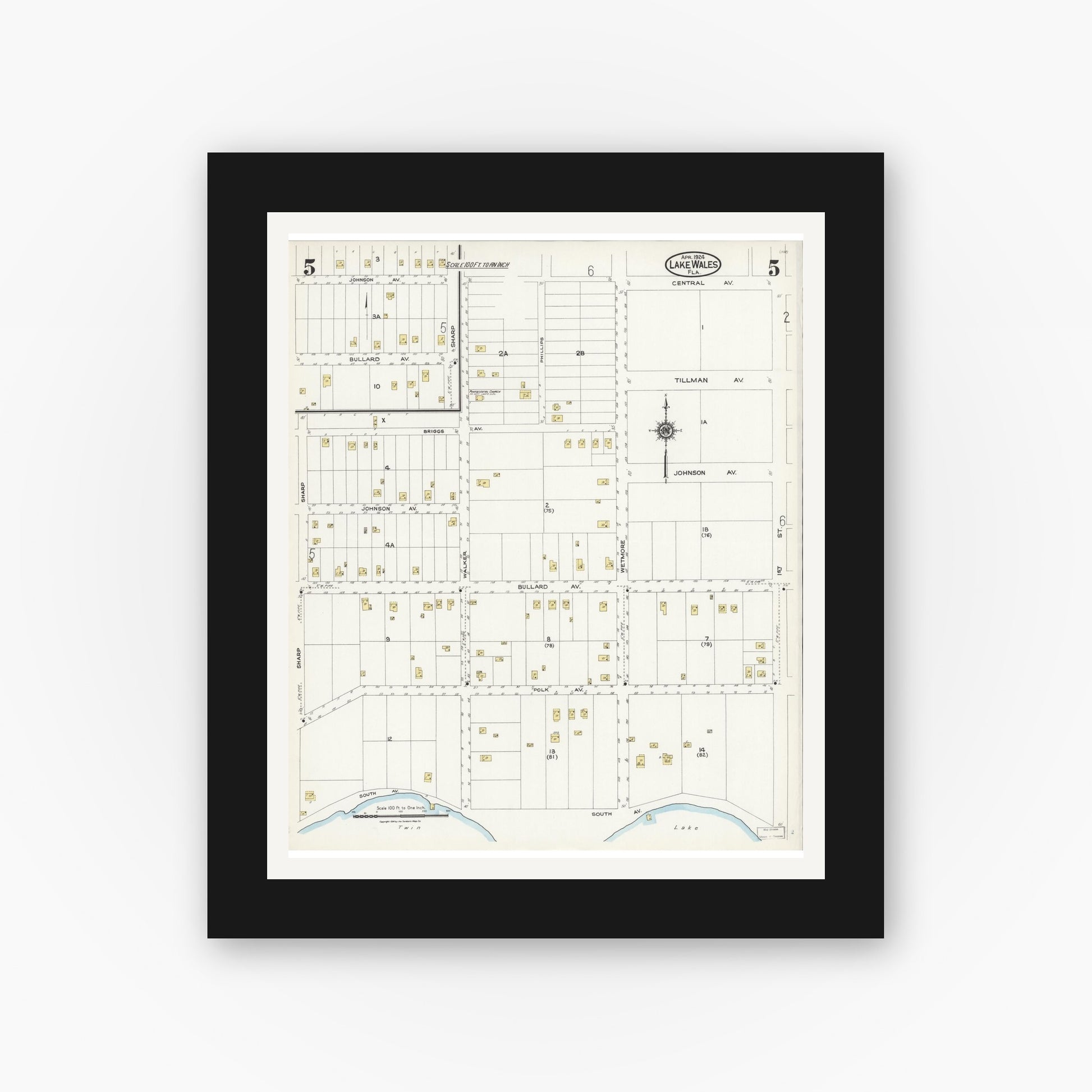 Old map wall art mockup — black gallery frame with white mat — Sanborn Fire Insurance Map from Lake Wales, Polk County, Florida (1924), Sheet #0005
