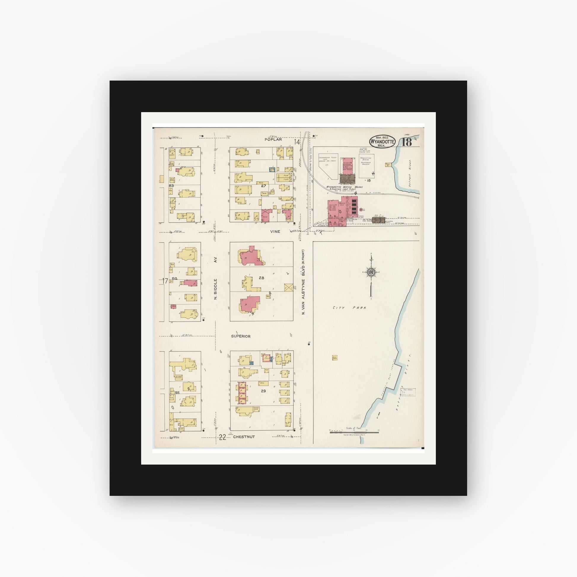 Old map wall art mockup — black gallery frame with white mat — Sanborn Fire Insurance Map from Wyandotte, Wayne County, Michigan (1922), Sheet #0018