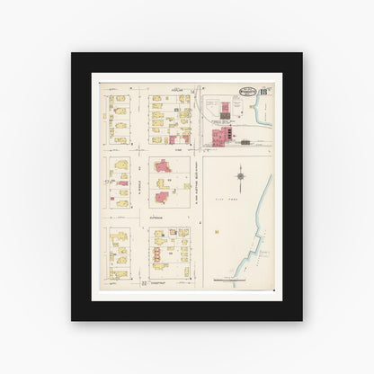 Old map wall art mockup — black gallery frame with white mat — Sanborn Fire Insurance Map from Wyandotte, Wayne County, Michigan (1922), Sheet #0018