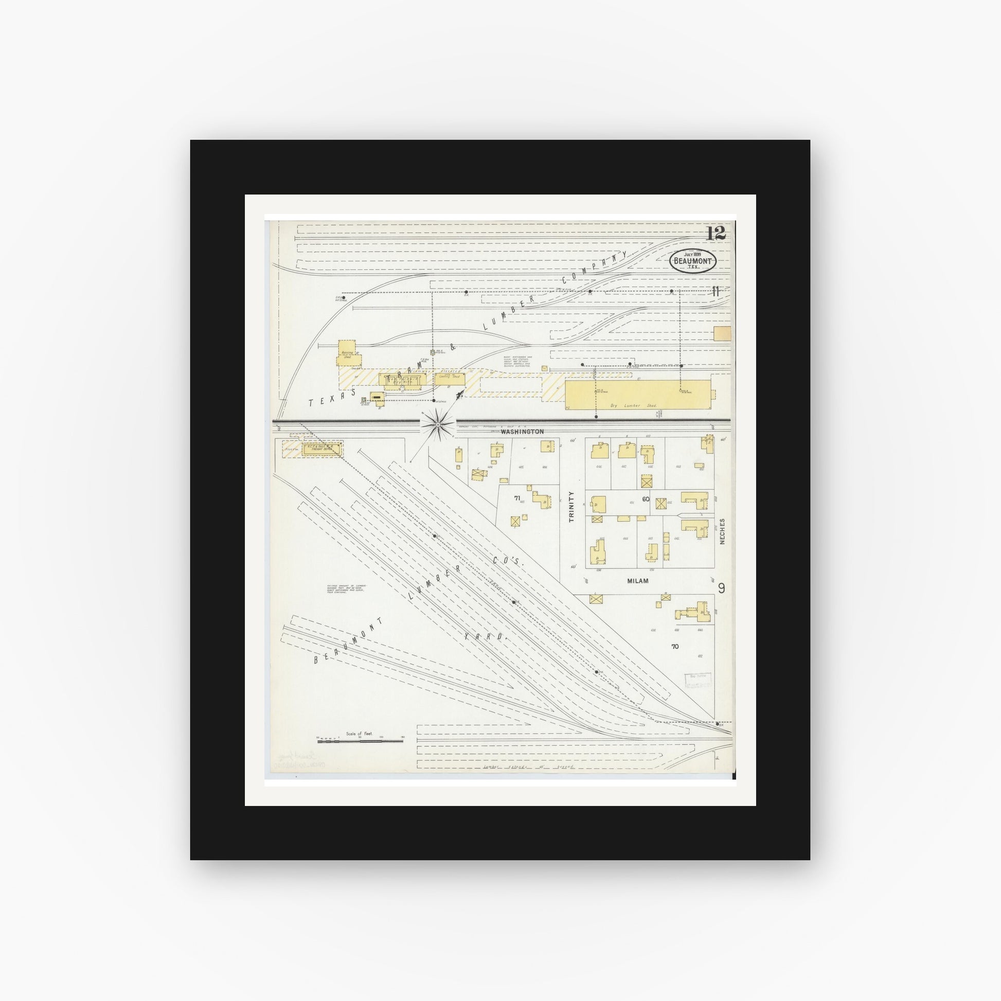 Old map wall art mockup — black gallery frame with white mat — Sanborn Fire Insurance Map from Beaumont, Jefferson County, Texas (1899), Sheet #0012