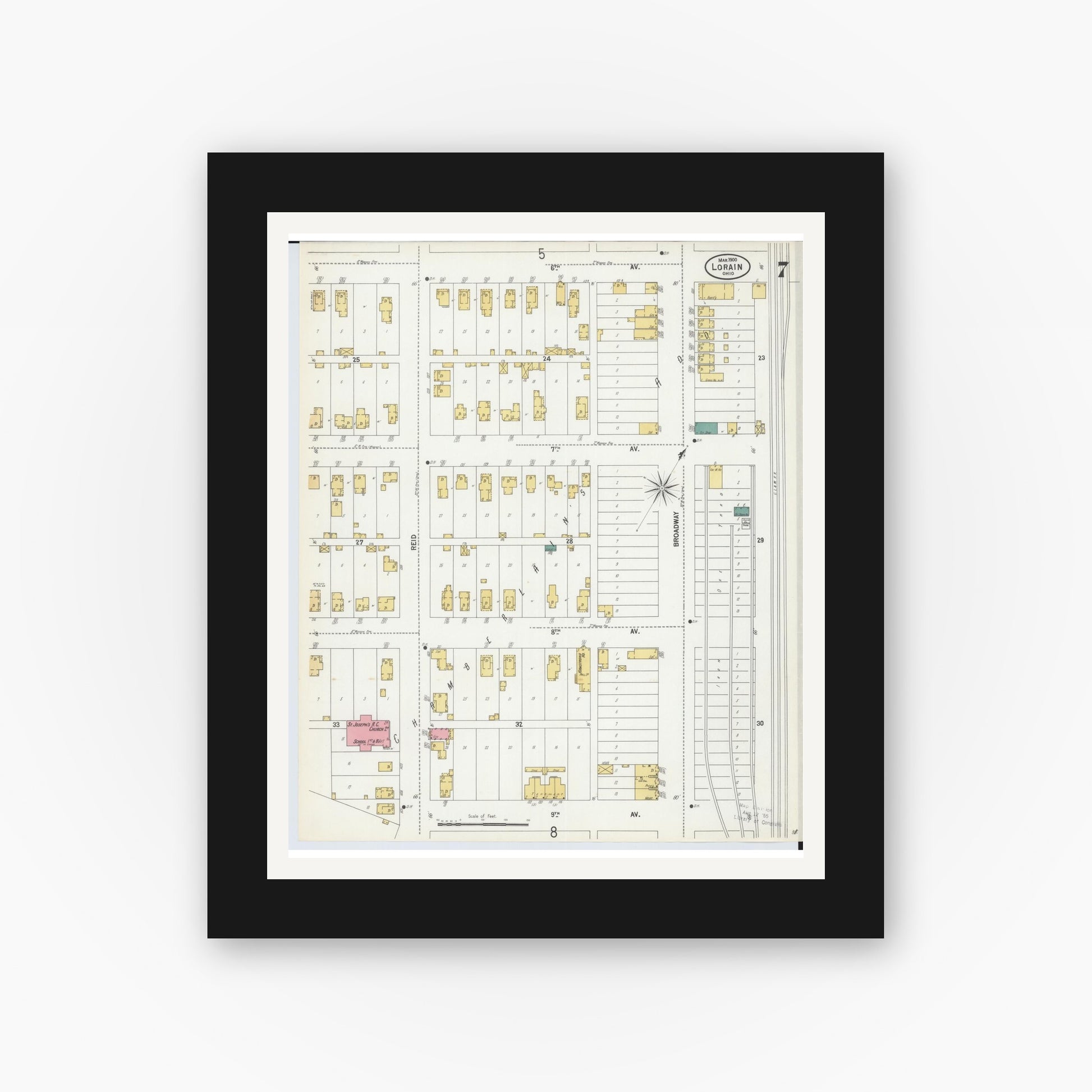 Old map wall art mockup — black gallery frame with white mat — Sanborn Fire Insurance Map from Lorain, Lorain County, Ohio (1900), Sheet #0007