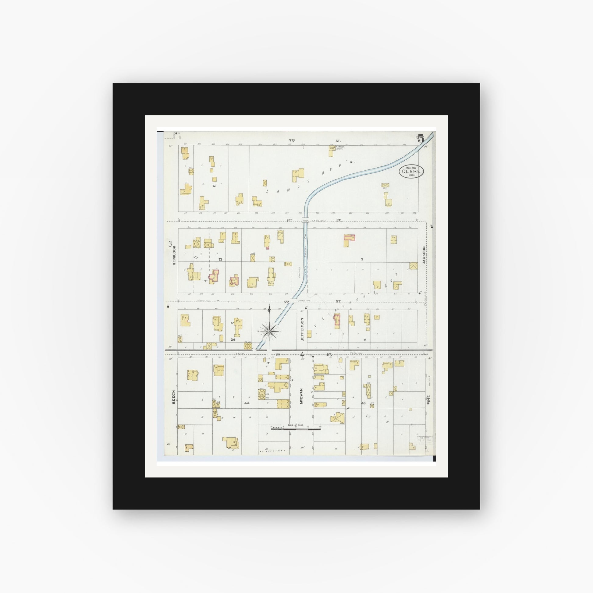 Old map wall art mockup — black gallery frame with white mat — Sanborn Fire Insurance Map from Clare, Clare County, Michigan (1906), Sheet #0005
