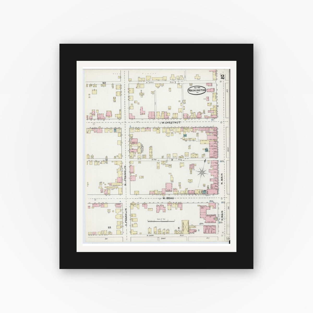 Old map wall art mockup — black gallery frame with white mat — Sanborn Fire Insurance Map from Washington, Washington County, Pennsylvania (1891), Sheet #0002