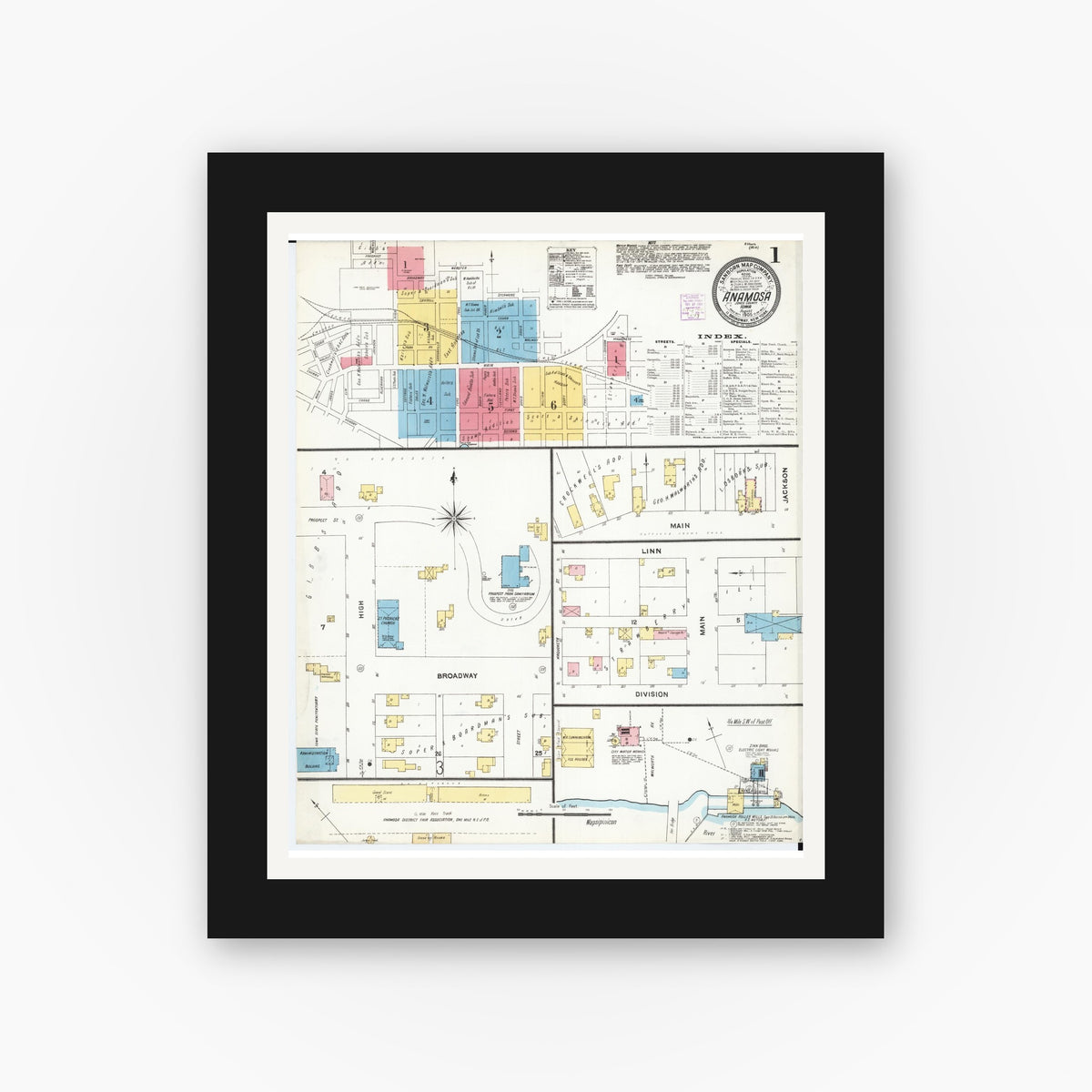 Old map wall art mockup — black gallery frame with white mat — Sanborn Fire Insurance Map from Anamosa, Jones County, Iowa (1905) â€” Complete Set