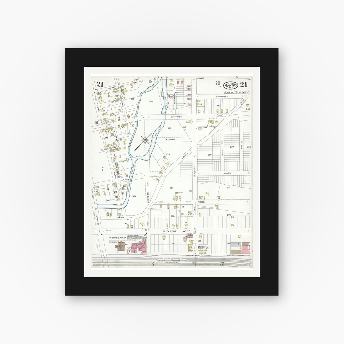 Old map wall art mockup — black gallery frame with white mat — Sanborn Fire Insurance Map from Rahway, Union County, New Jersey (1923), Sheet #0021
