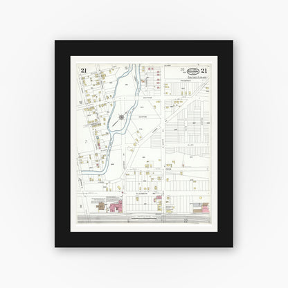 Old map wall art mockup — black gallery frame with white mat — Sanborn Fire Insurance Map from Rahway, Union County, New Jersey (1923), Sheet #0021