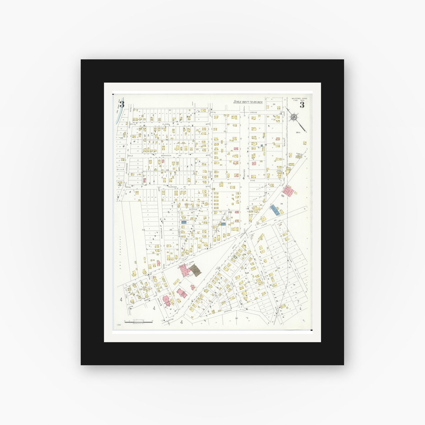 Old map wall art mockup — black gallery frame with white mat — Sanborn Fire Insurance Map from Milford, Clermont And Hamilton County, Ohio (1933), Sheet #0003