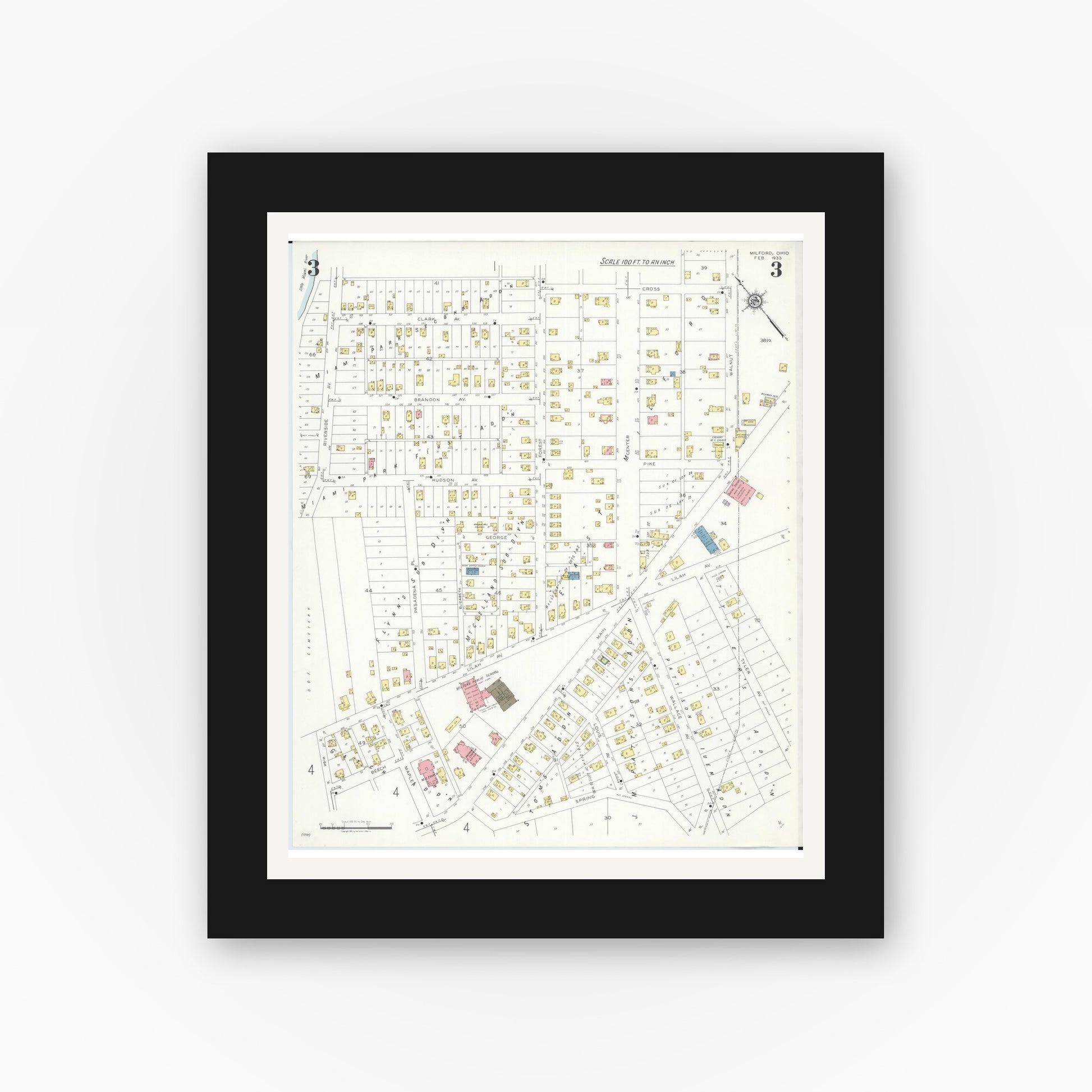 Old map wall art mockup — black gallery frame with white mat — Sanborn Fire Insurance Map from Milford, Clermont And Hamilton County, Ohio (1933), Sheet #0003