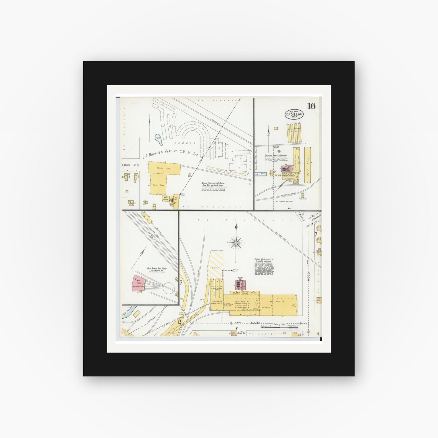 Old map wall art mockup — black gallery frame with white mat — Sanborn Fire Insurance Map from Cadillac, Wexford County, Michigan (1900), Sheet #0016