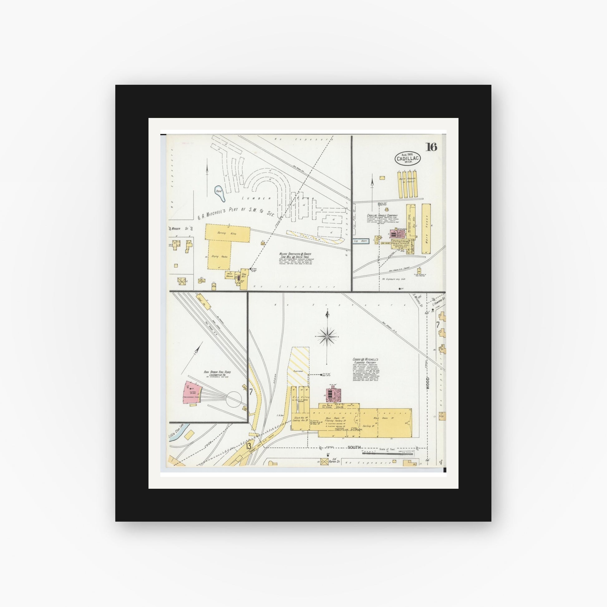Old map wall art mockup — black gallery frame with white mat — Sanborn Fire Insurance Map from Cadillac, Wexford County, Michigan (1900), Sheet #0016