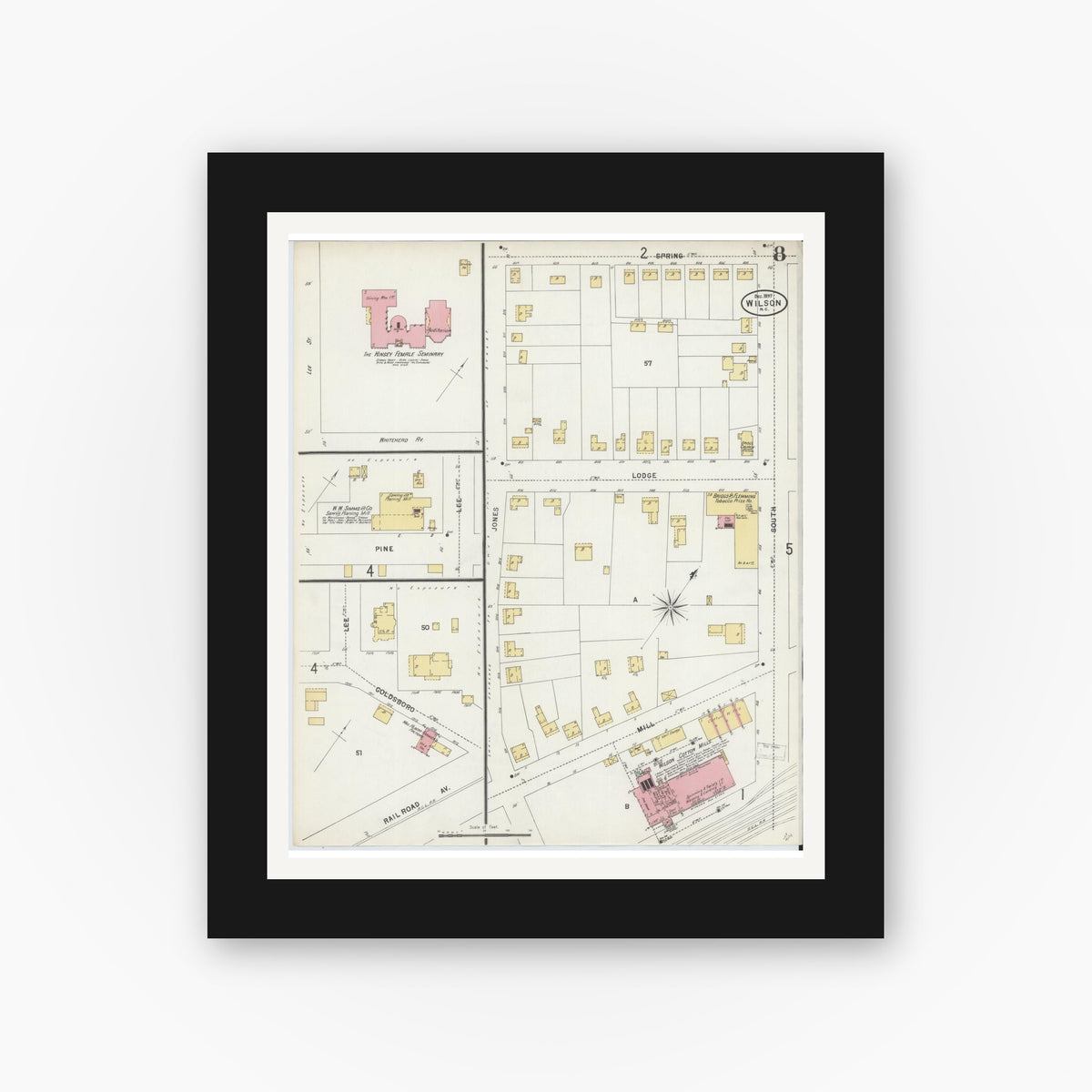 Old map wall art mockup — black gallery frame with white mat — Sanborn Fire Insurance Map from Wilson, Wilson County, North Carolina (1897), Sheet #0008