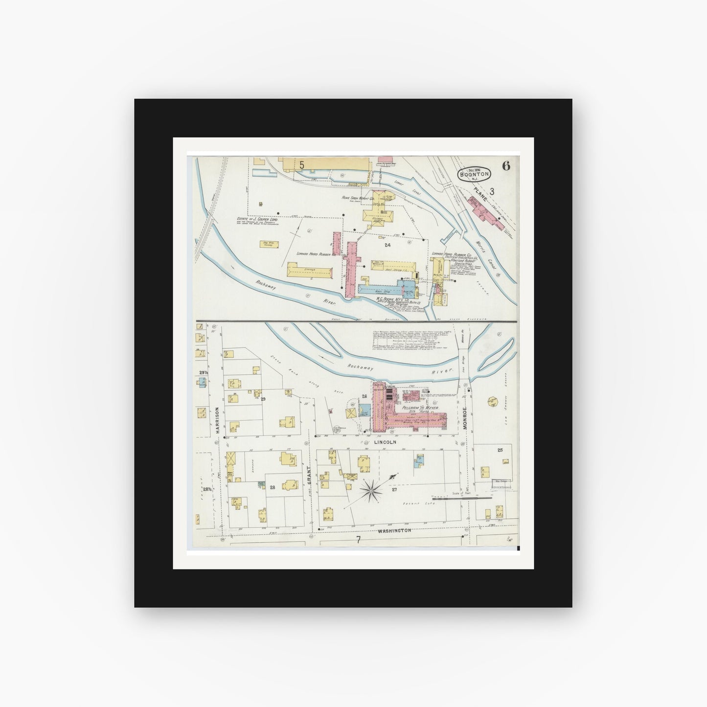 Old map wall art mockup — black gallery frame with white mat — Sanborn Fire Insurance Map from Boonton, Morris County, New Jersey (1896), Sheet #0006